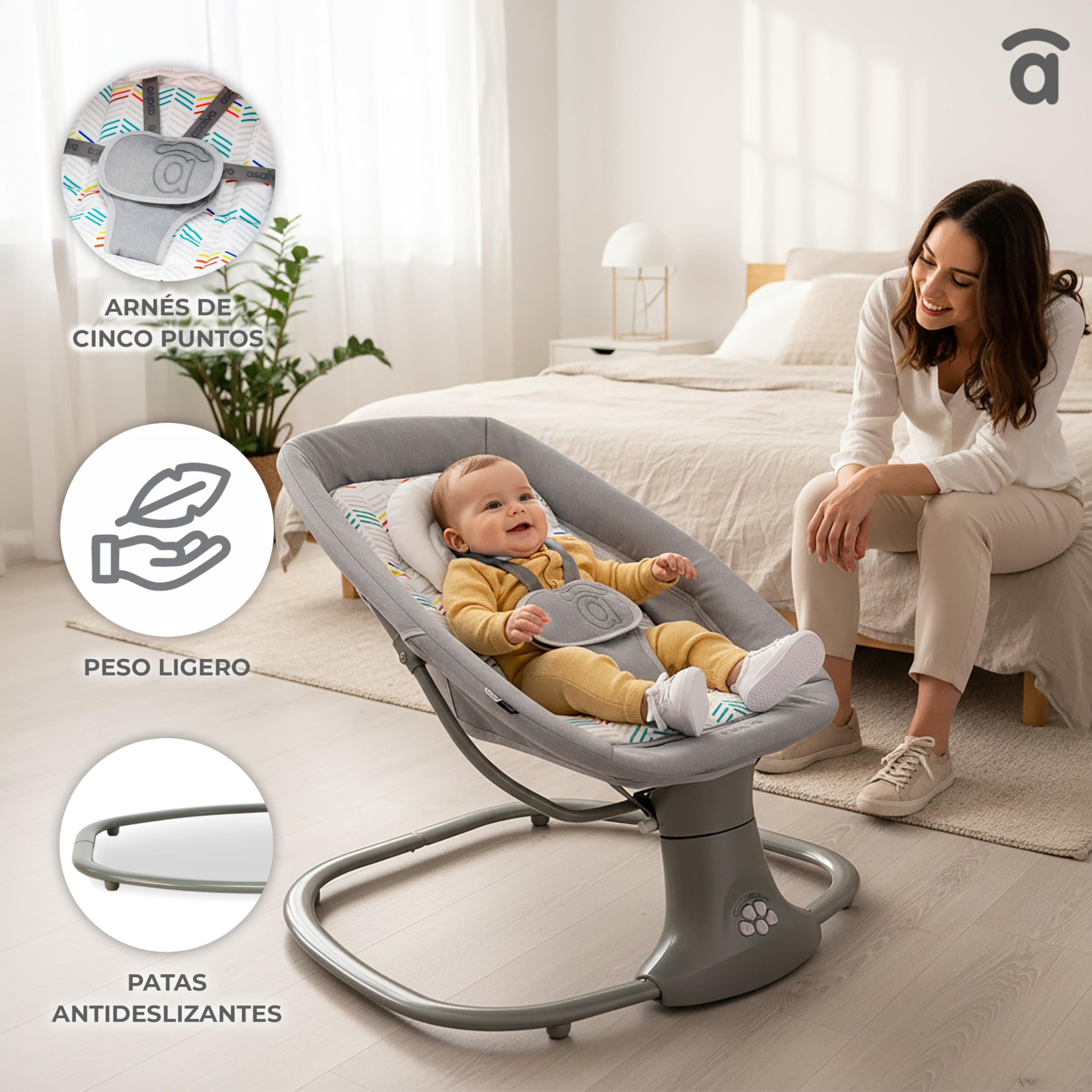 Amaca a dondolo con musica Bluetooth oscillazione automatica 5 livelli tettuccio zanzariera giocattolo poggiatesta 0 mesi 9 kg tessuto lavabile