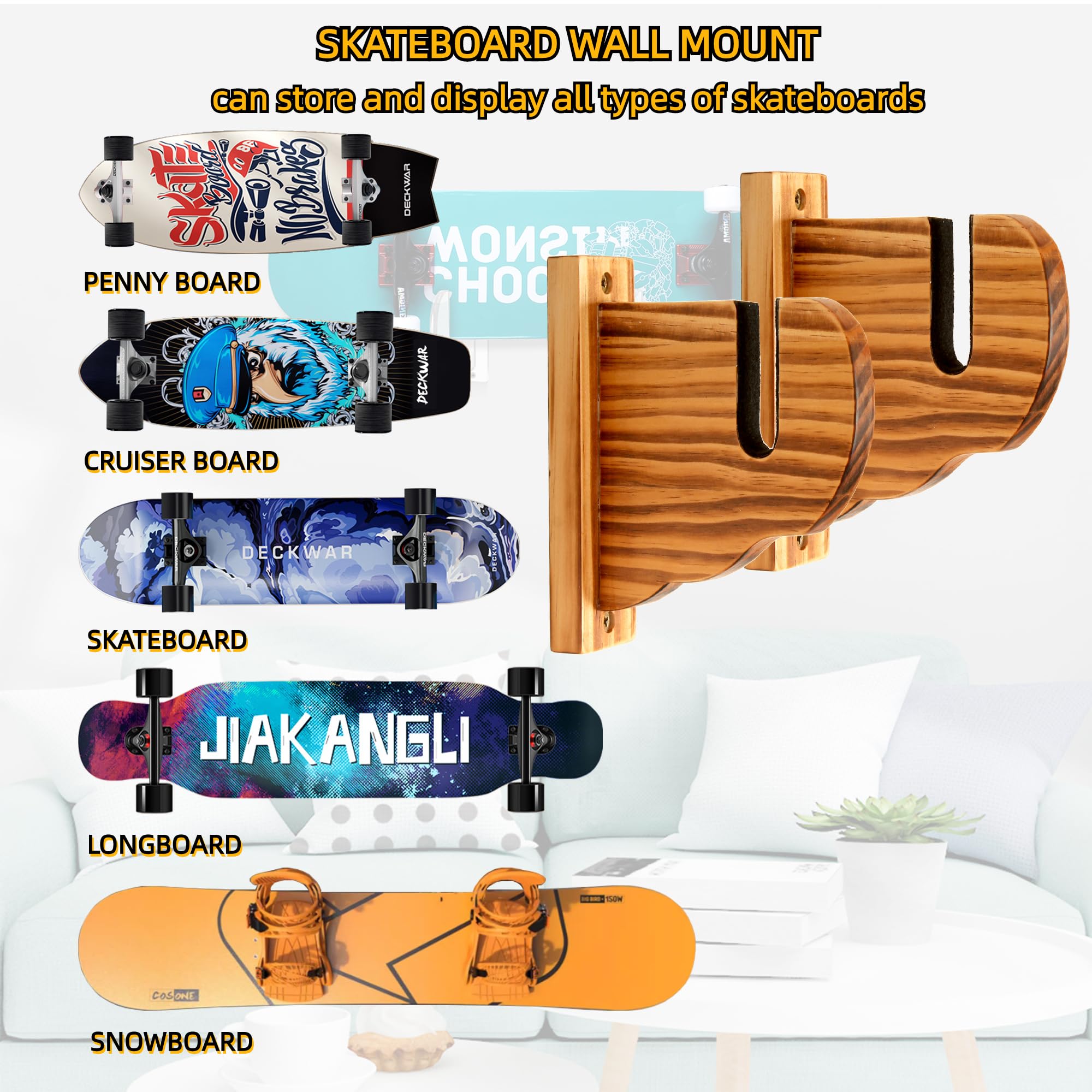 BIJUN Skateboard Wall Mount, Longboard Hanger Shelf Display Rack 