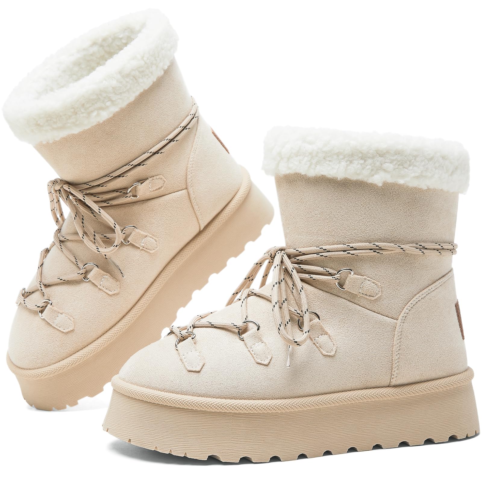 TUOPIN Womens Classic Platform Mini Snow Boots - Faux Suede Slip-On Lace-Up Winter Booties with Sherpa Lining Anti-Slip