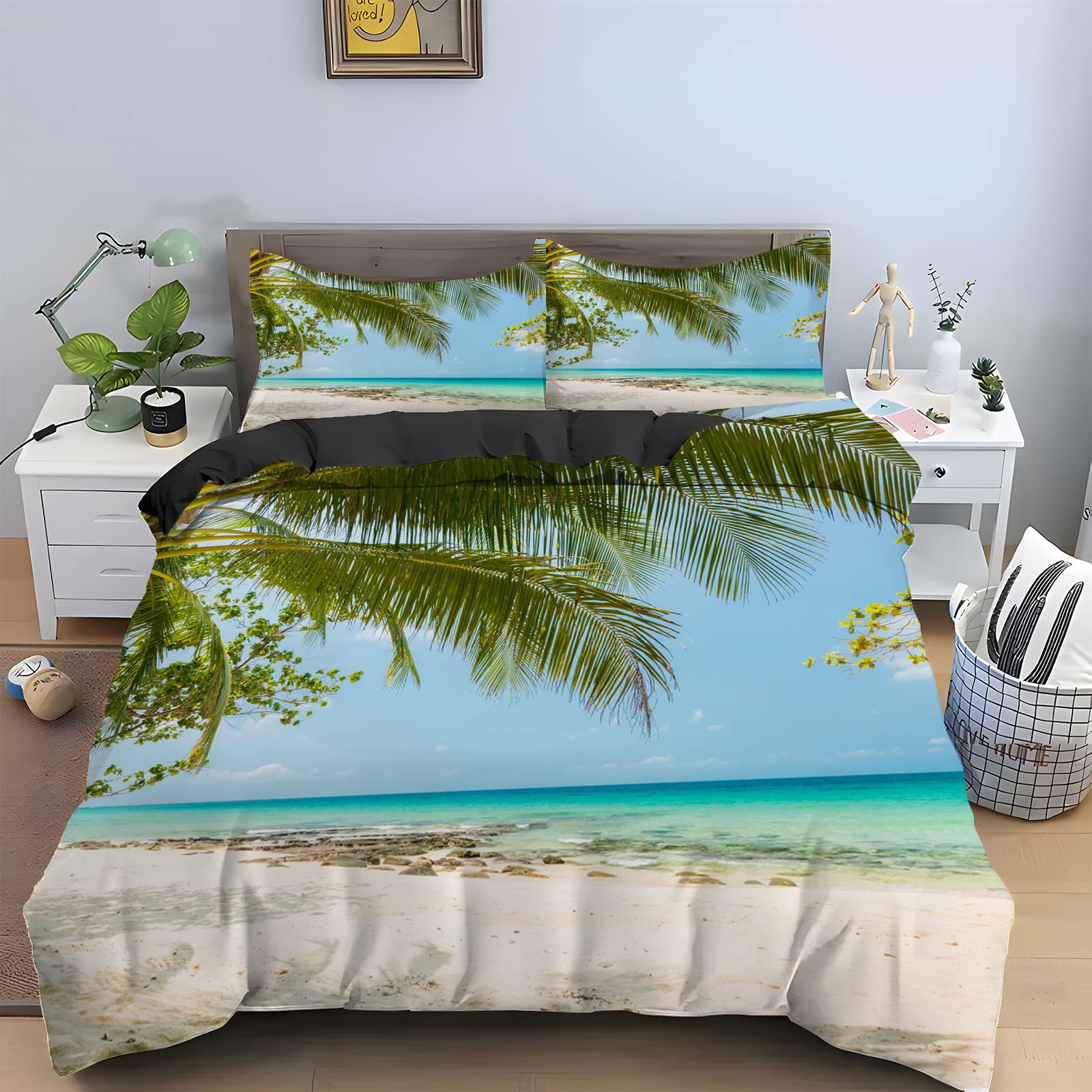 Green Plant zestaw pościeli Super King – poszewka na kołdrę z nadrukiem drzewa kokosowego + 2 poszewki na poduszki 48 x 74 cm, 110 g mikrofibra nadająca się do prania, hipoalergiczna z zapięciem na zamek błyskawiczny