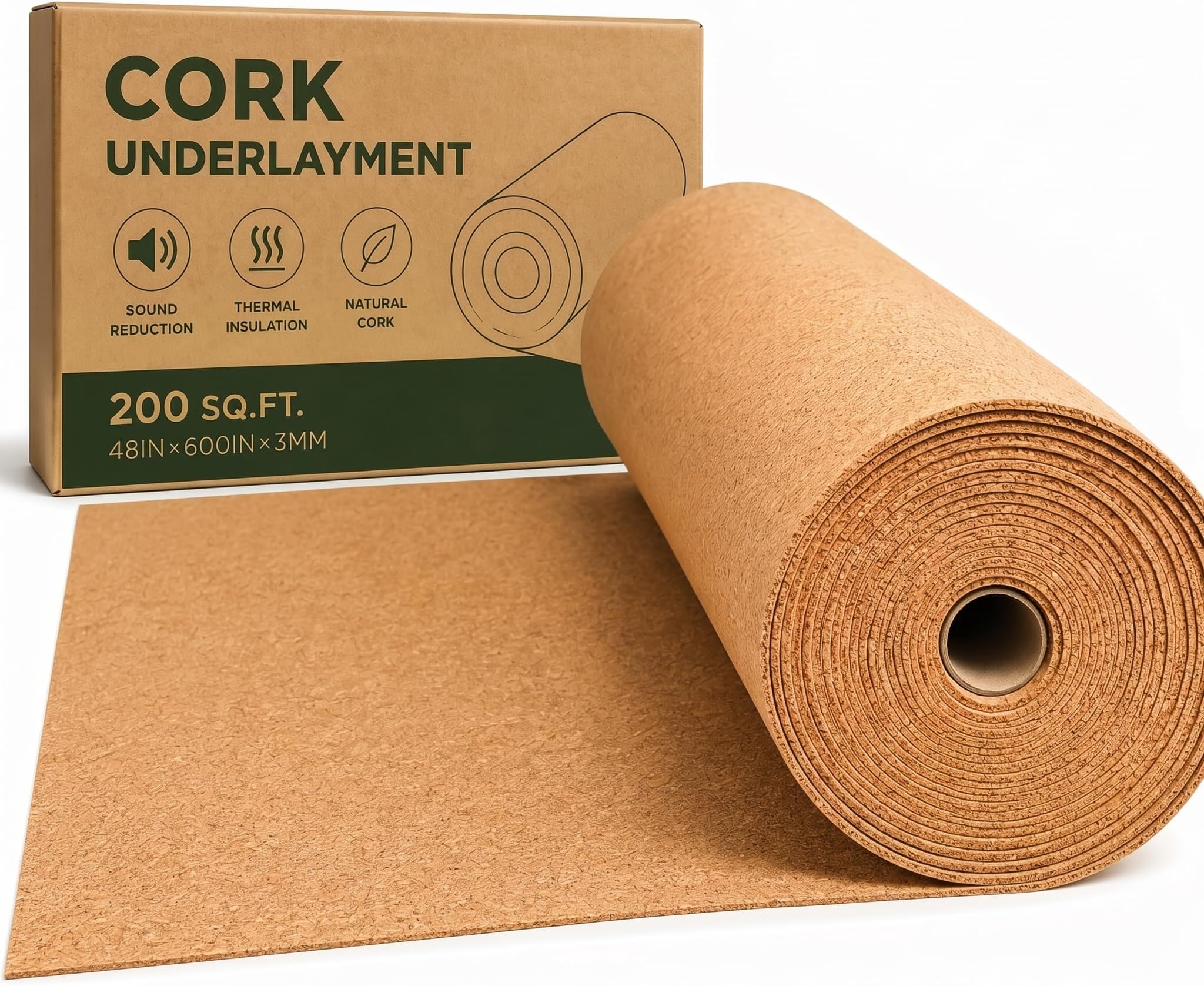 200 Sq. Ft. Cork Roll 48 x 600 Inch Cork Underlayment Roll Sound Insulation Mildew and Moisture Proof for Office Home School DIY Supplies(3mm Thick)