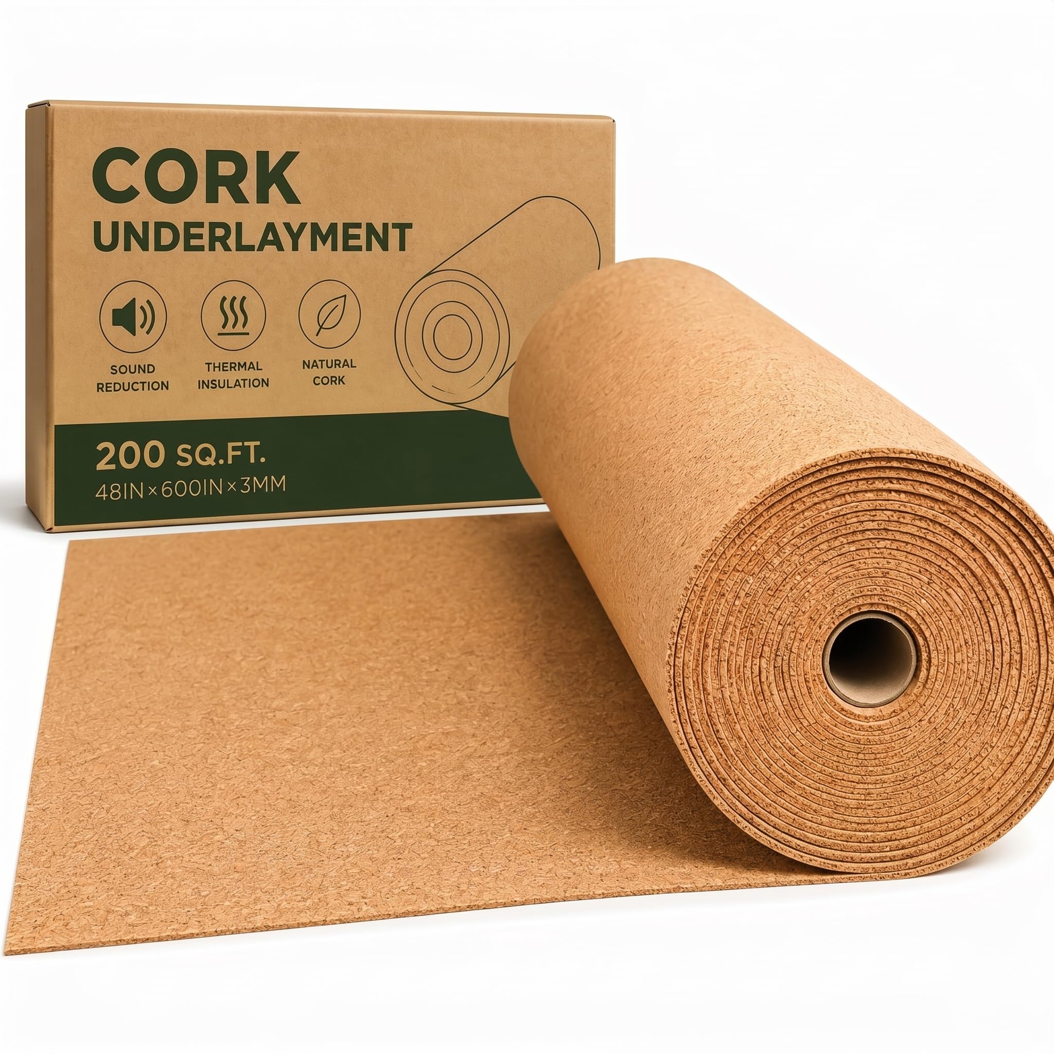 Photo 1 of 200 Sq. Ft. Cork Roll 48 x 600 Inch Cork Underlayment Roll Sound Insulation Mildew and Moisture Proof for Office Home School DIY Supplies(3mm Thick)