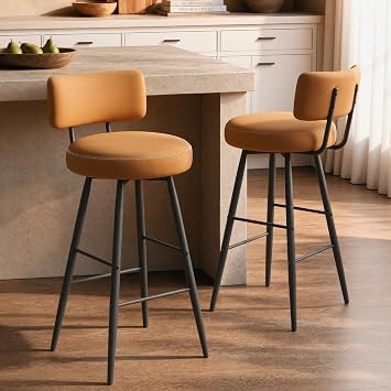 ModernMate Swivel Bar Stools Set of 2, 30" Seat Height PU Leather Bar Height Chairs with Back, 330LBS, 360 Swivel, Modern Kitchen Island Stools,Home Bar,Cognac