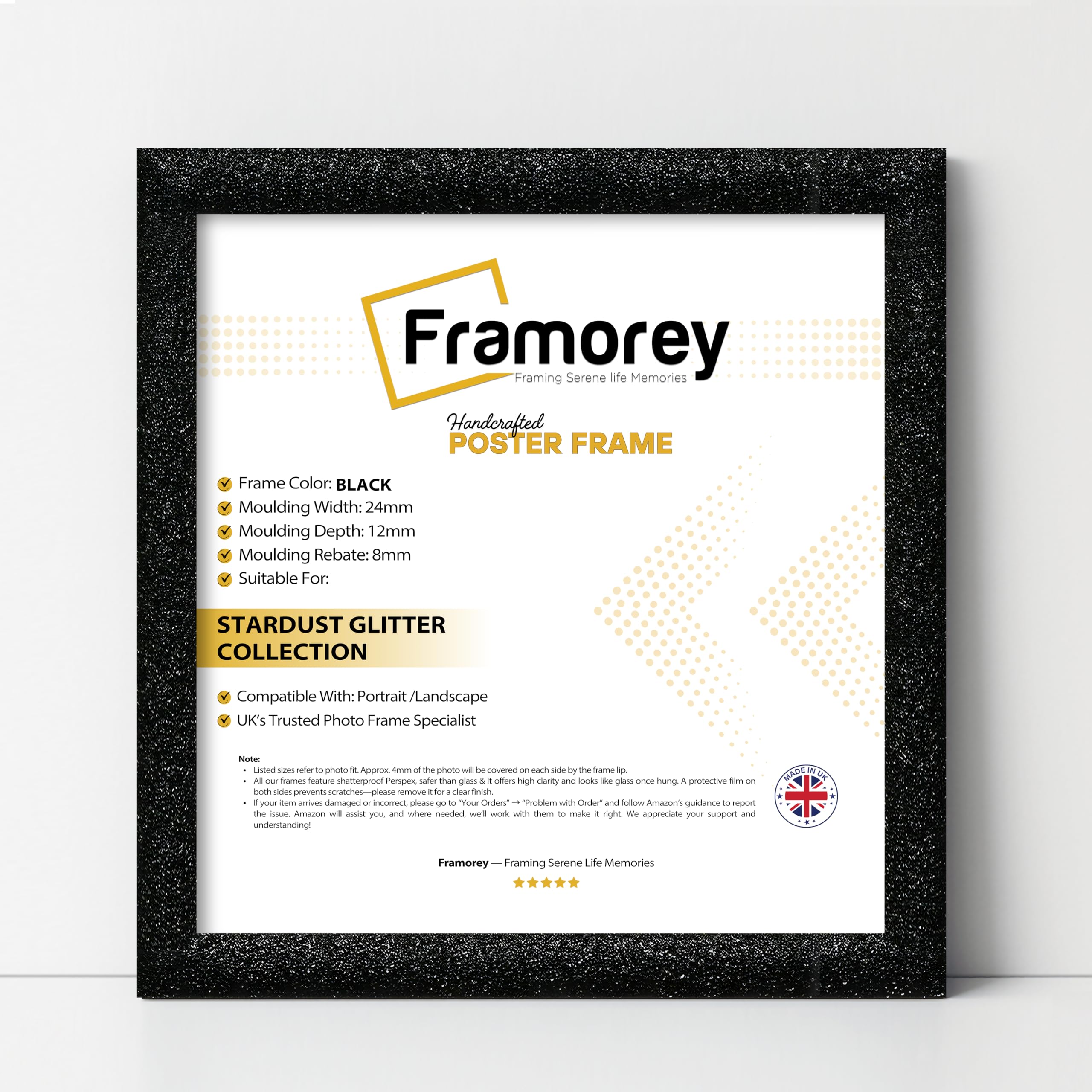 Framorey Framing Serene Life Memories Black Framorey Square Size Glitter Sparkle Picture Frame, 40X40cm Size Photo Frames, Wall Hanging Oxford Frames, Photo College Frame, Birthday Gift Frame