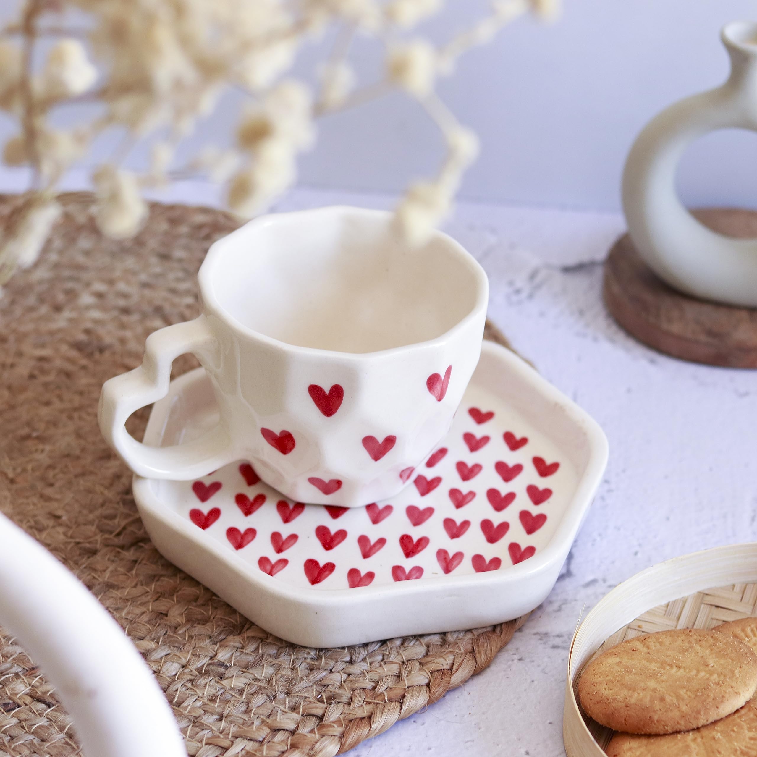 Buy Craftribal Ceramic Red Heart Breakfast Set | Red Heart Cup