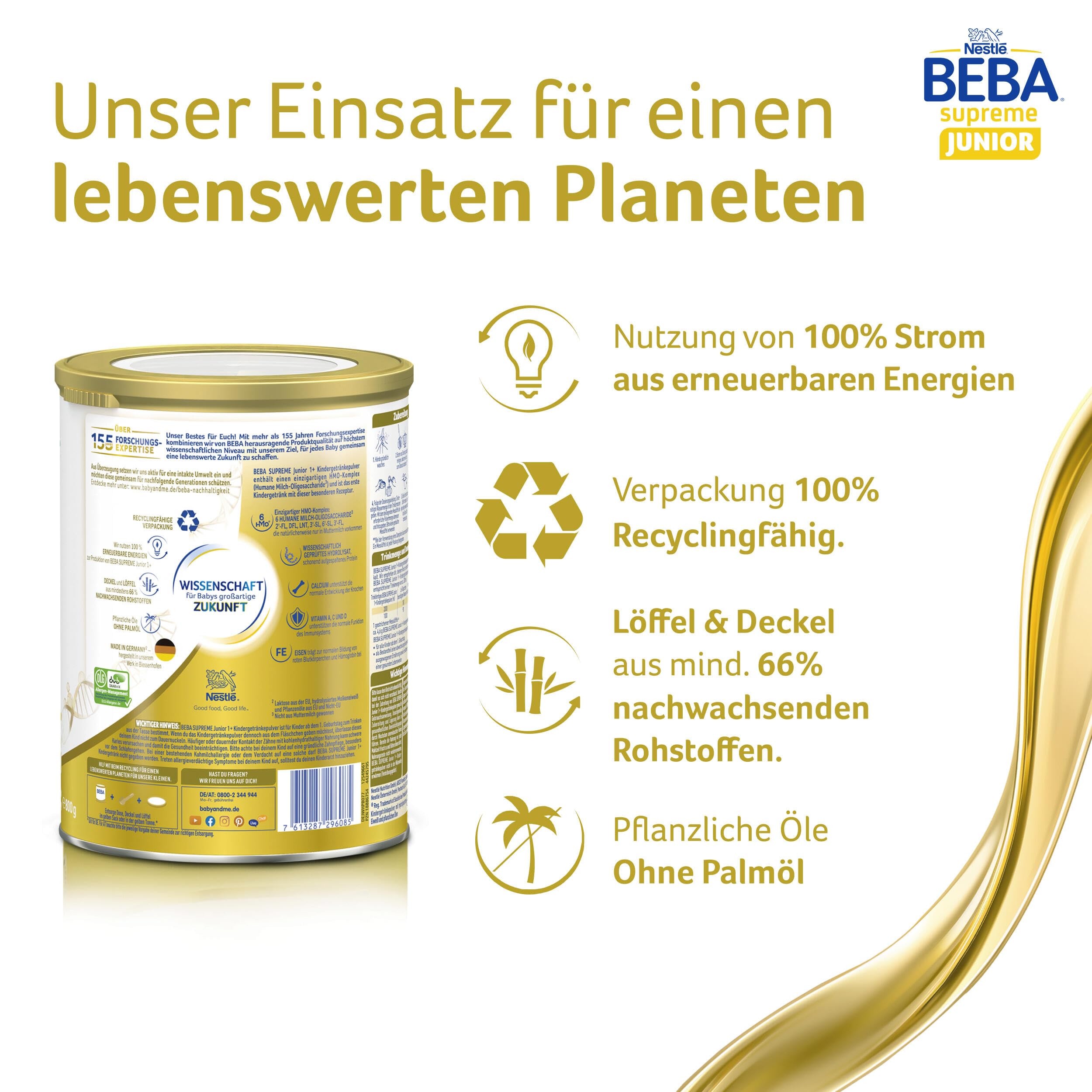 BEBA SUPREME JUNIOR 1 Plus - Kindergetränk ab dem 1. Geburtstag, Mit 6 HMO Komplex, Nur Laktose, Ohne Palmöl, Ohne Fischöl, Kleinkindnahrung, Baby-Milchpulver, 6er Pack (6 x 800g)
