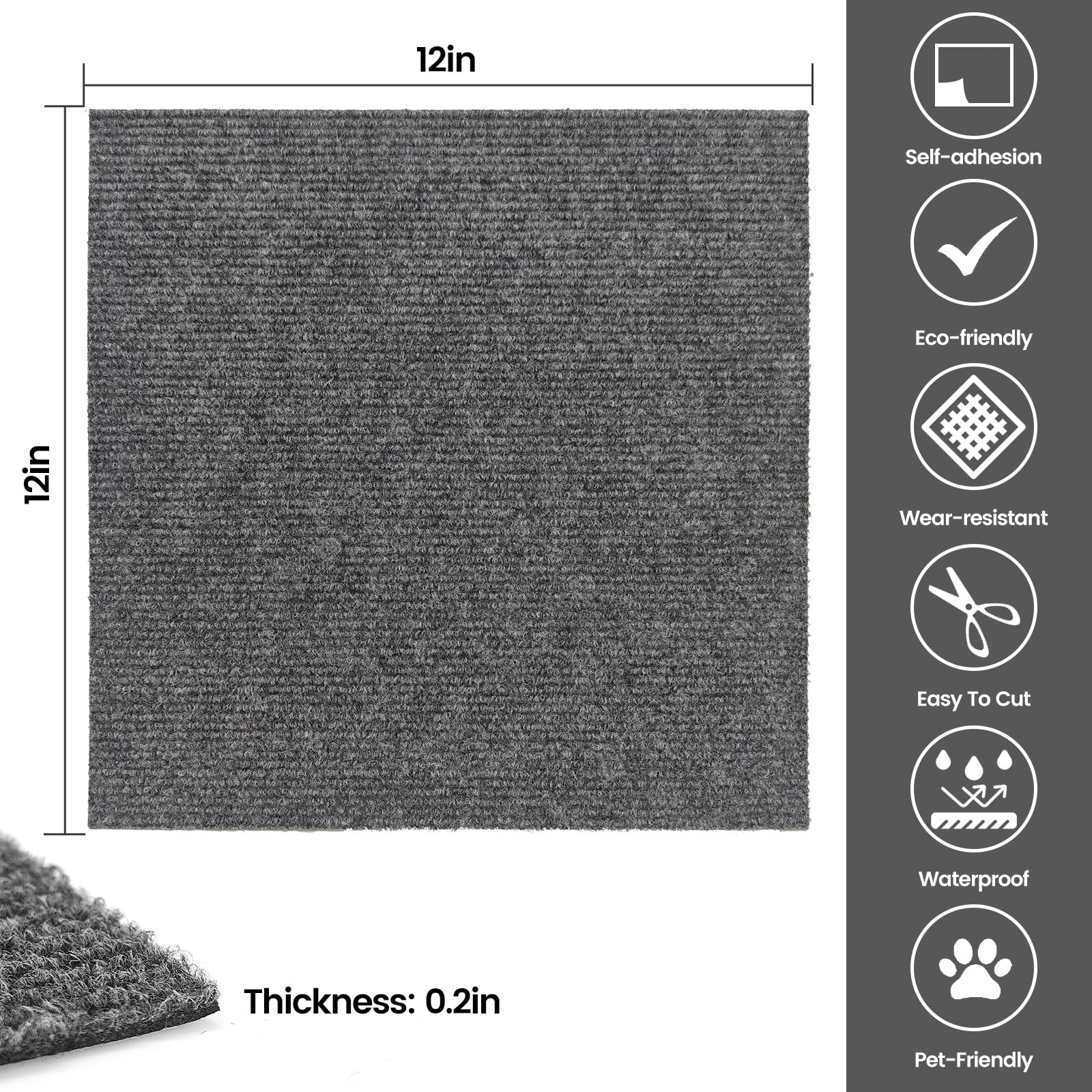 20 azulejos de alfombra para despegar y pegar de 12 x 12 pulgadas, antideslizantes, autoadhesivos, cuadrados, reutilizables, impermeables, para sala de estar y dormitorio
