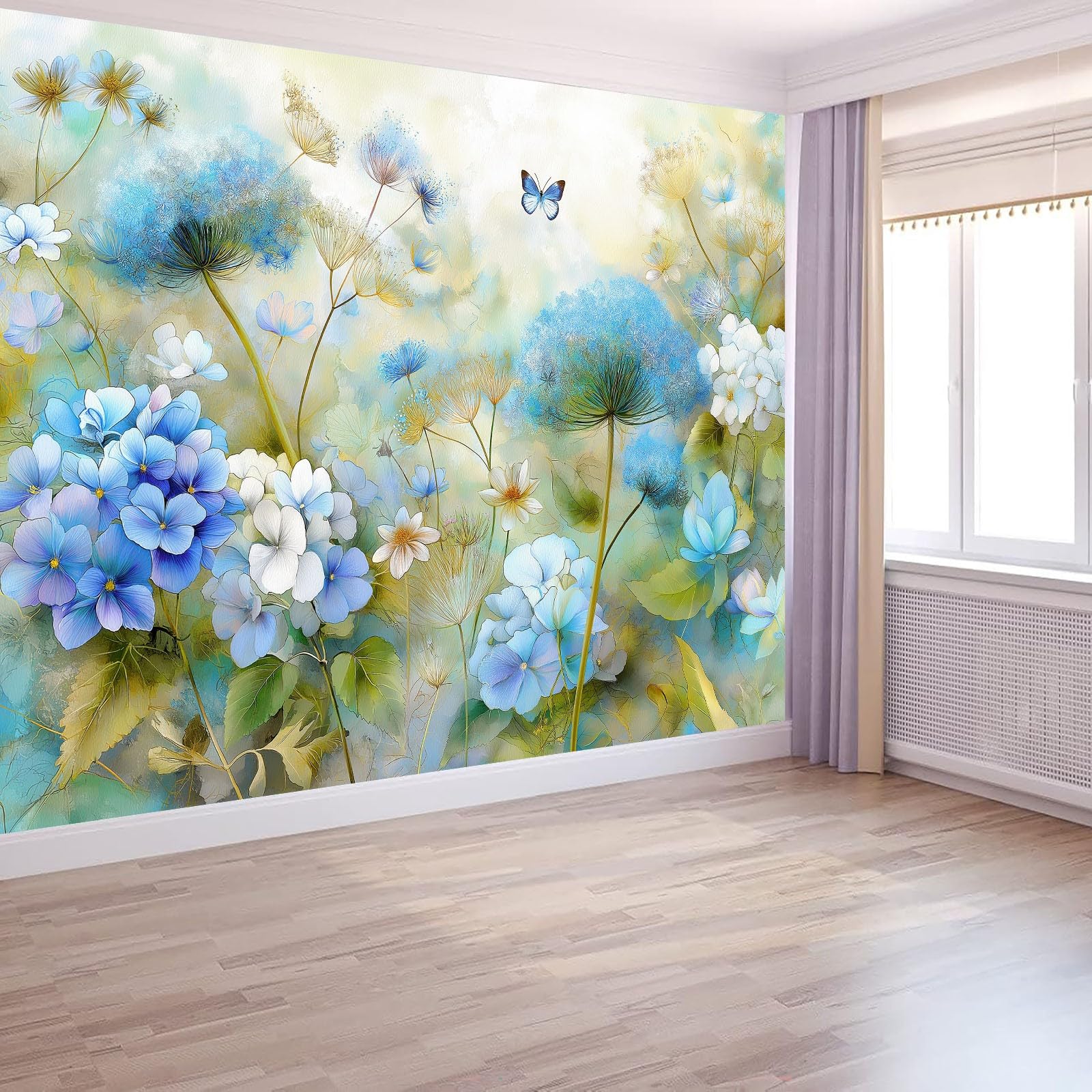 Générique Panoramiczna tapeta akwarelowa kwiaty hortensja motyl szałwiowa zieleń, tapeta z włókniny 3D, do pokoju dziecięcego i salonu, dekoracja ścienna XXL, 350 x 256 cm