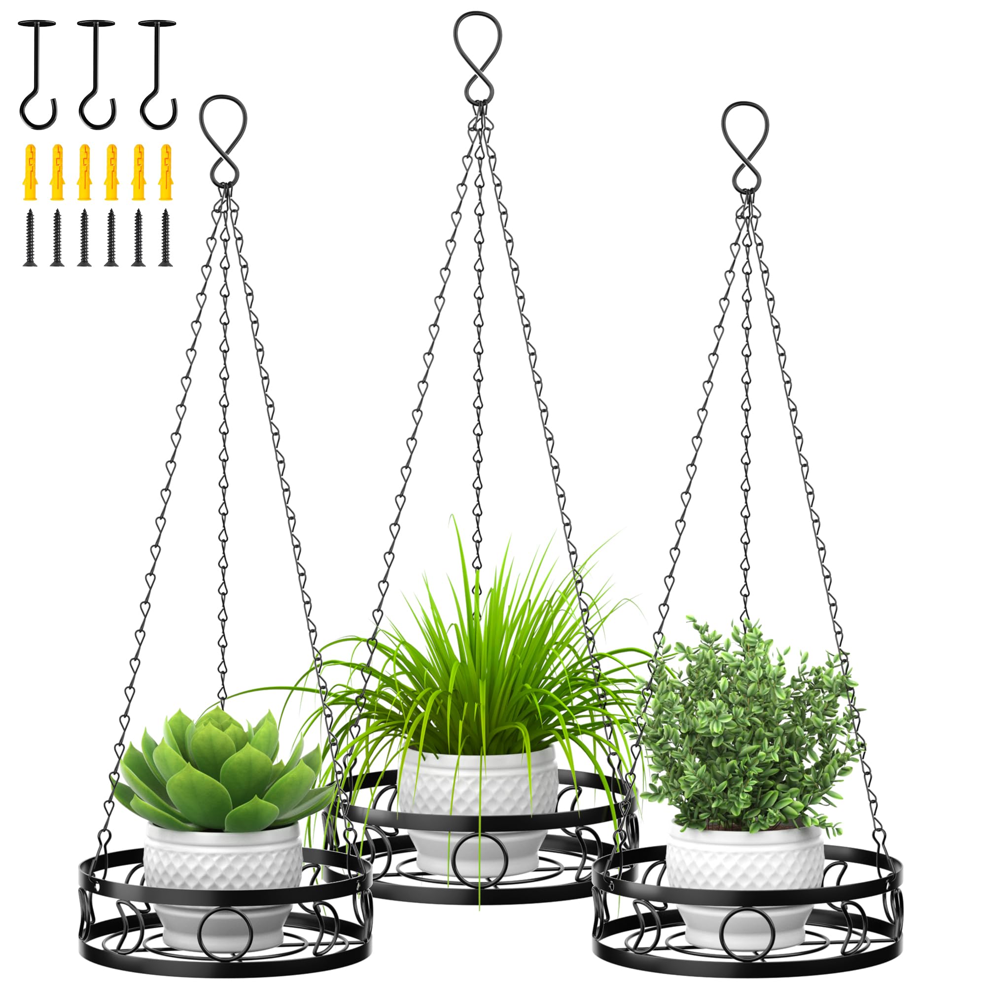 lanccona 3 PCS Plant Hanger Indoor Outdoor, Moon Phase Hanging Plant Holder with 3 Hooks, Hanging Plant Shelf for Boho Home Decor, Black (POTS NOT Included)