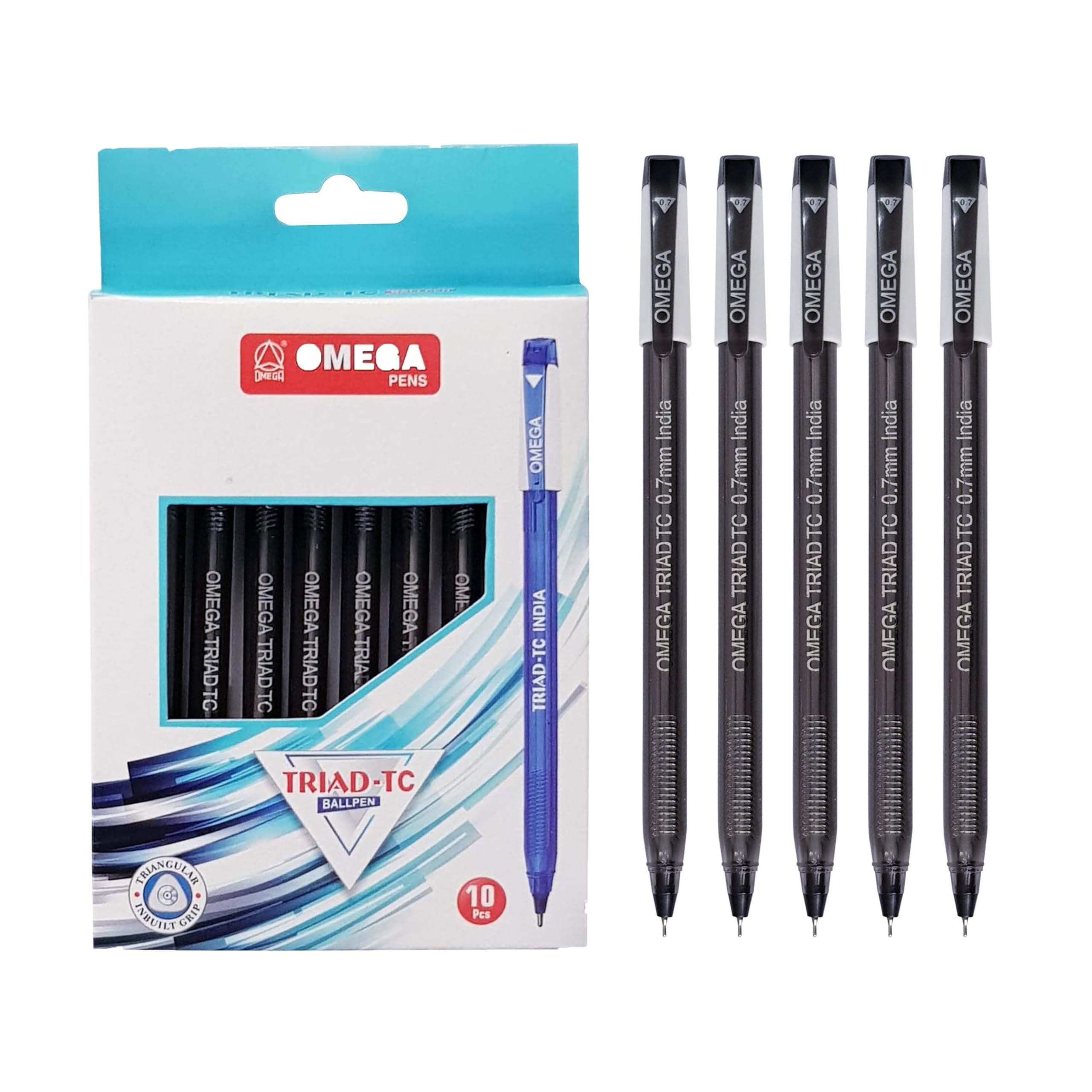 OMEGA Triad-TC Ballpoint Pens, BLACK, Fine Point (0.7 mm), Pack of 10, Smooth Ball Pens, Triangular Inbuilt Grip, School Office Home Everyday Use Pens