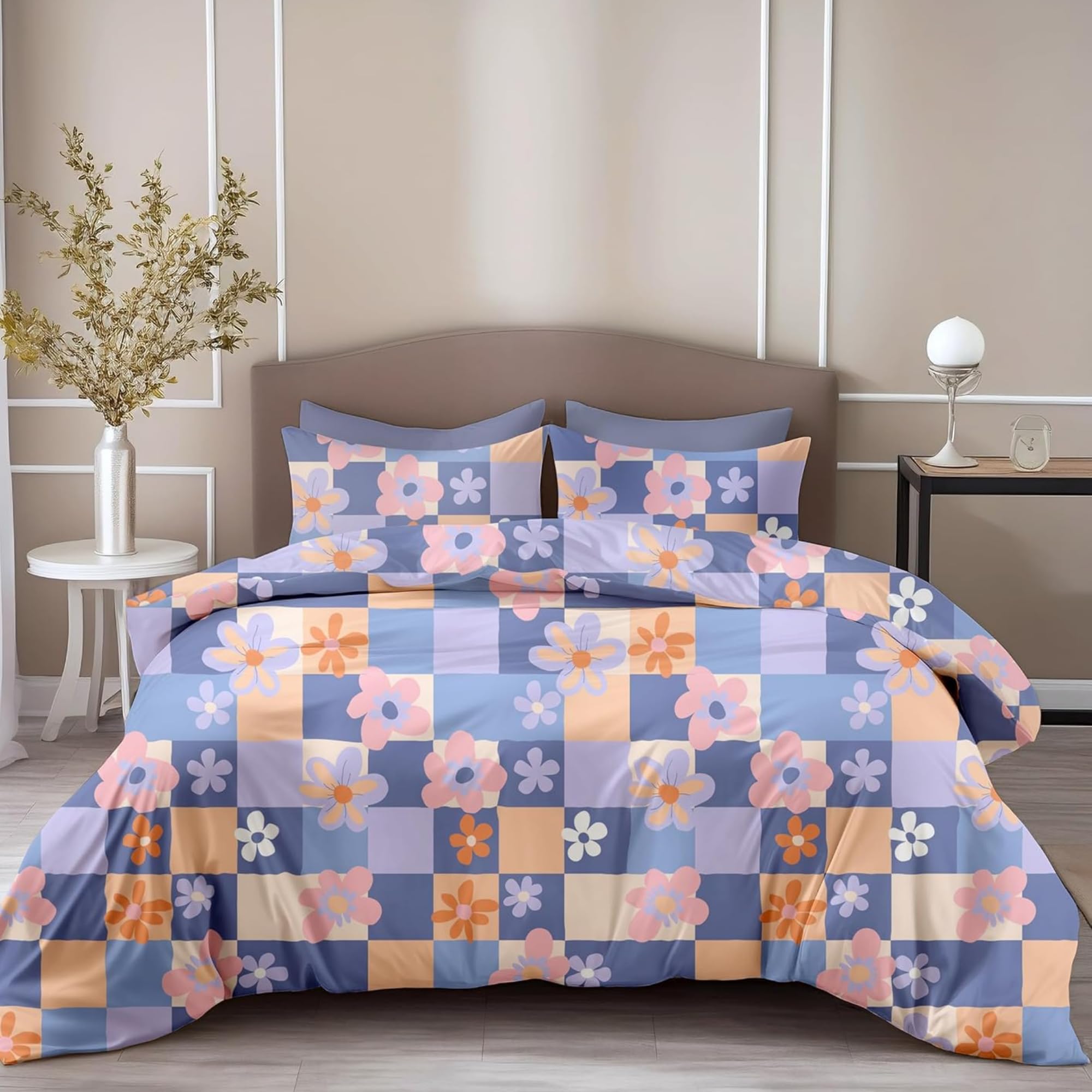 LORETO - A QUALITY LINEN BRAND 100% Pure Cotton Bedsheet for King Size Bed, 144TC Soft & Breathable King Size Bed Sheet Cotton with 2 Pillow Covers (Pastel Floral Checkered, 104 x 104 Inches)