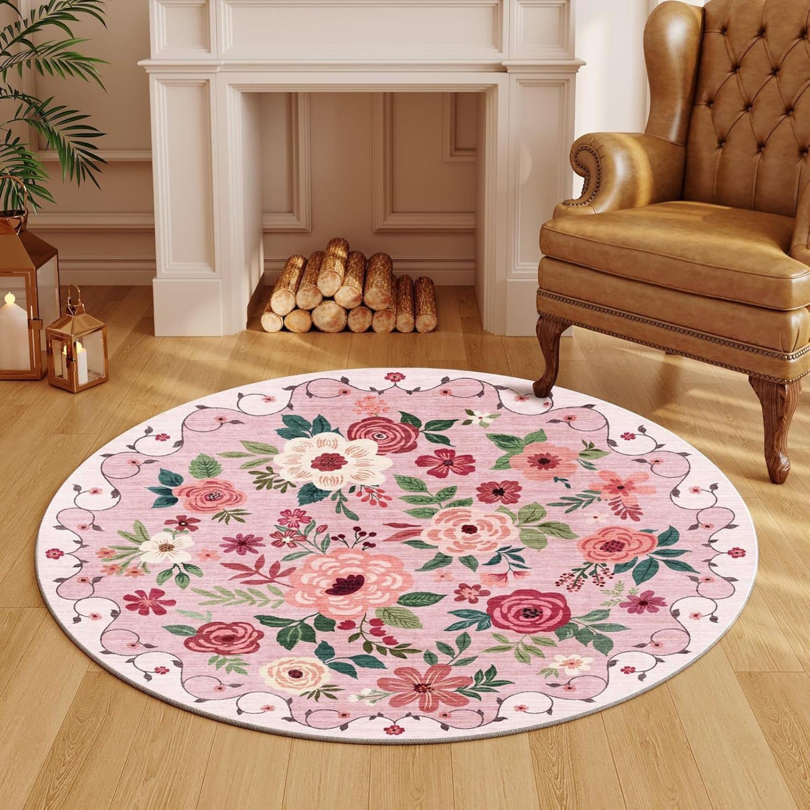 Teppich Wohnzimmer Rund 90 cm Rosa Grün Teppich Kurzflor rutschfest