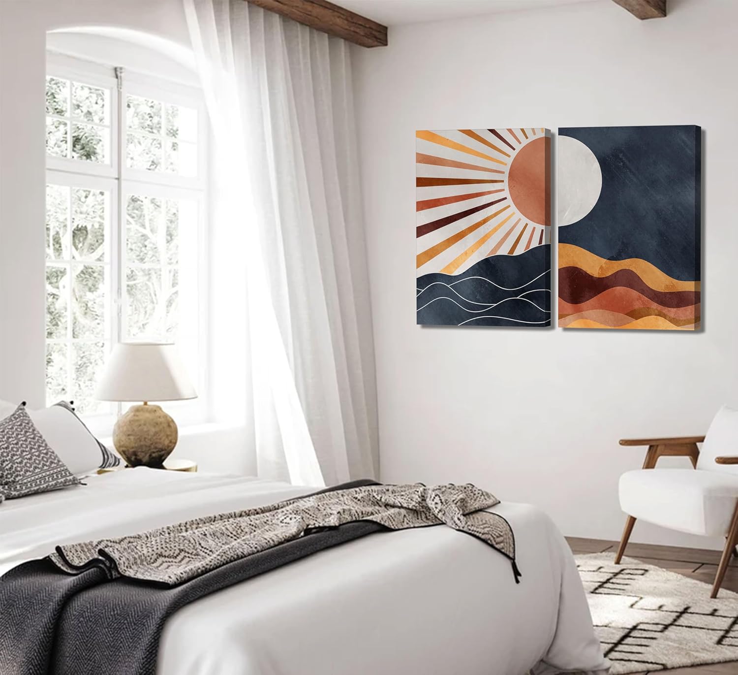 2Pcs Boho Sun and Moon Canvas Wall Art Painting Abstract Mountains Poster Prints Sun and Moon Pictures Medieval Modern Wall Decor for Living Room Bedroom 12x16in Framed