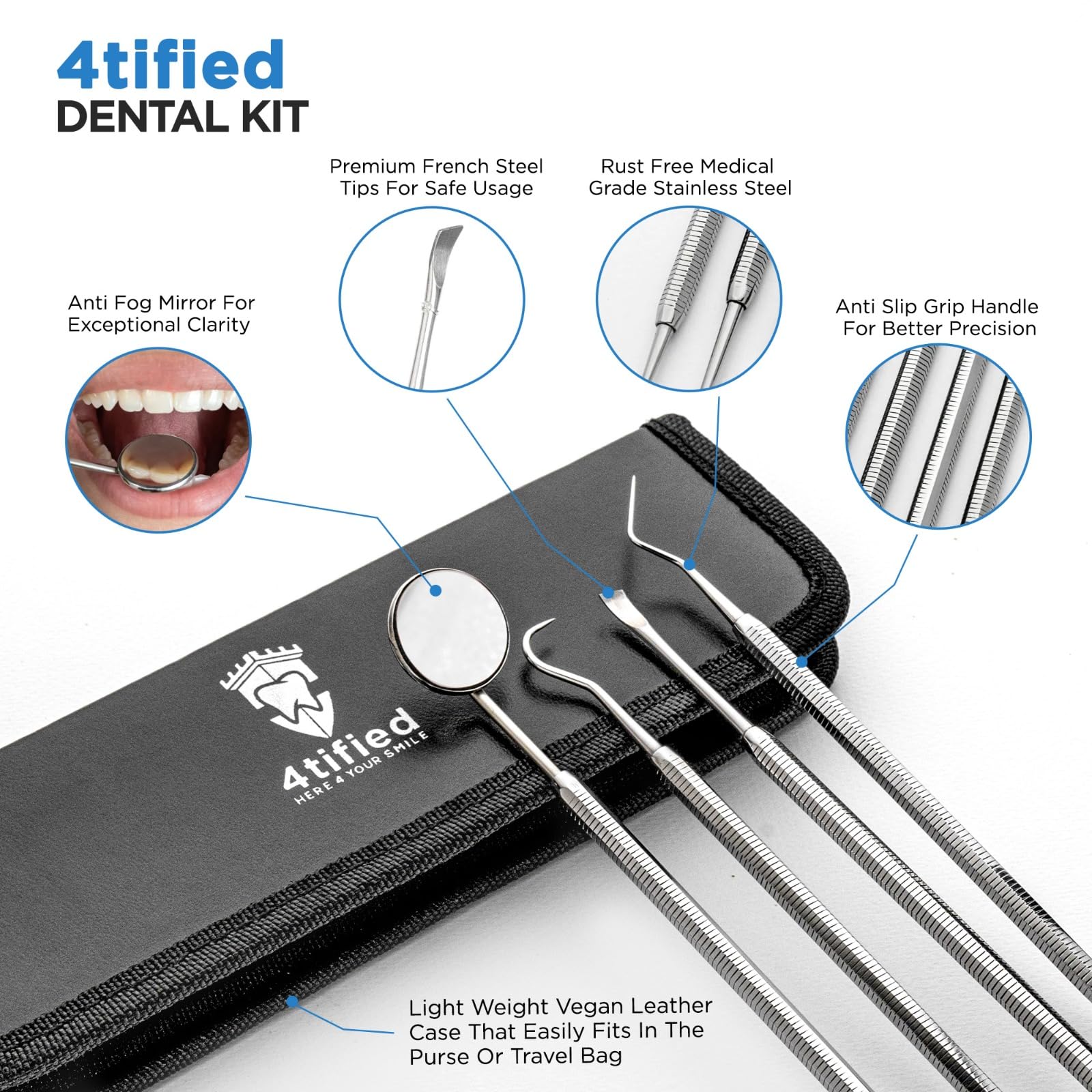 4tified Dental Tools Hygiene Kit 4 PCS French Stainless Steel Professional Teeth Cleaning Home Use Plaque Calculus Removal Tartar Scraper Scaler Fogless Mirror Dental Pick Vegan Leather case 2