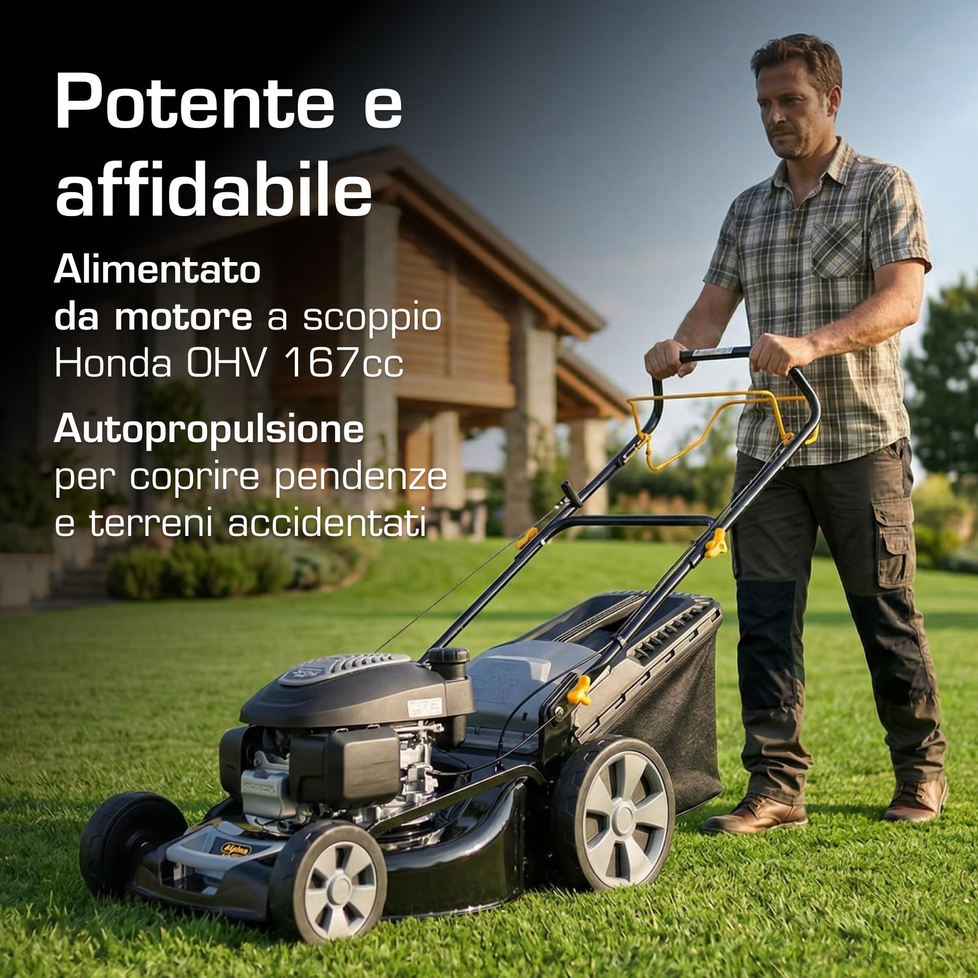 Alpina AL5 51 SHQ Tagliaerba A Scoppio Semovente, 166 cc, 51 cm – Sacco 60 l, Mulching – Prati fino a 1.800 m²