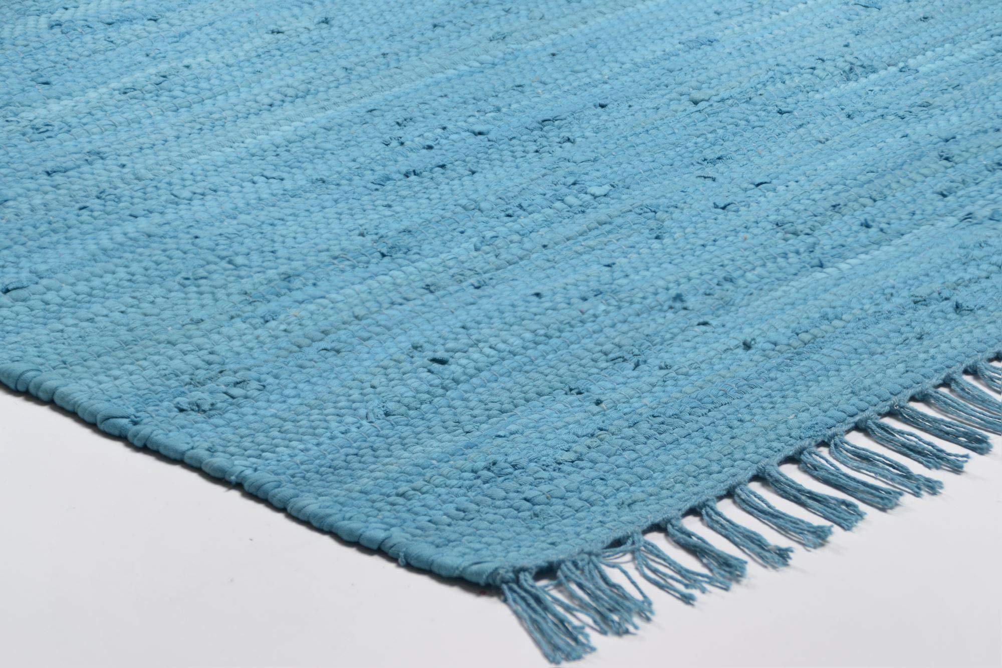 Theko Alfombra Dhurry de algodón 100%, Tejido Plano, Tejido a Mano, Color Turquesa, 70 x 140 cm