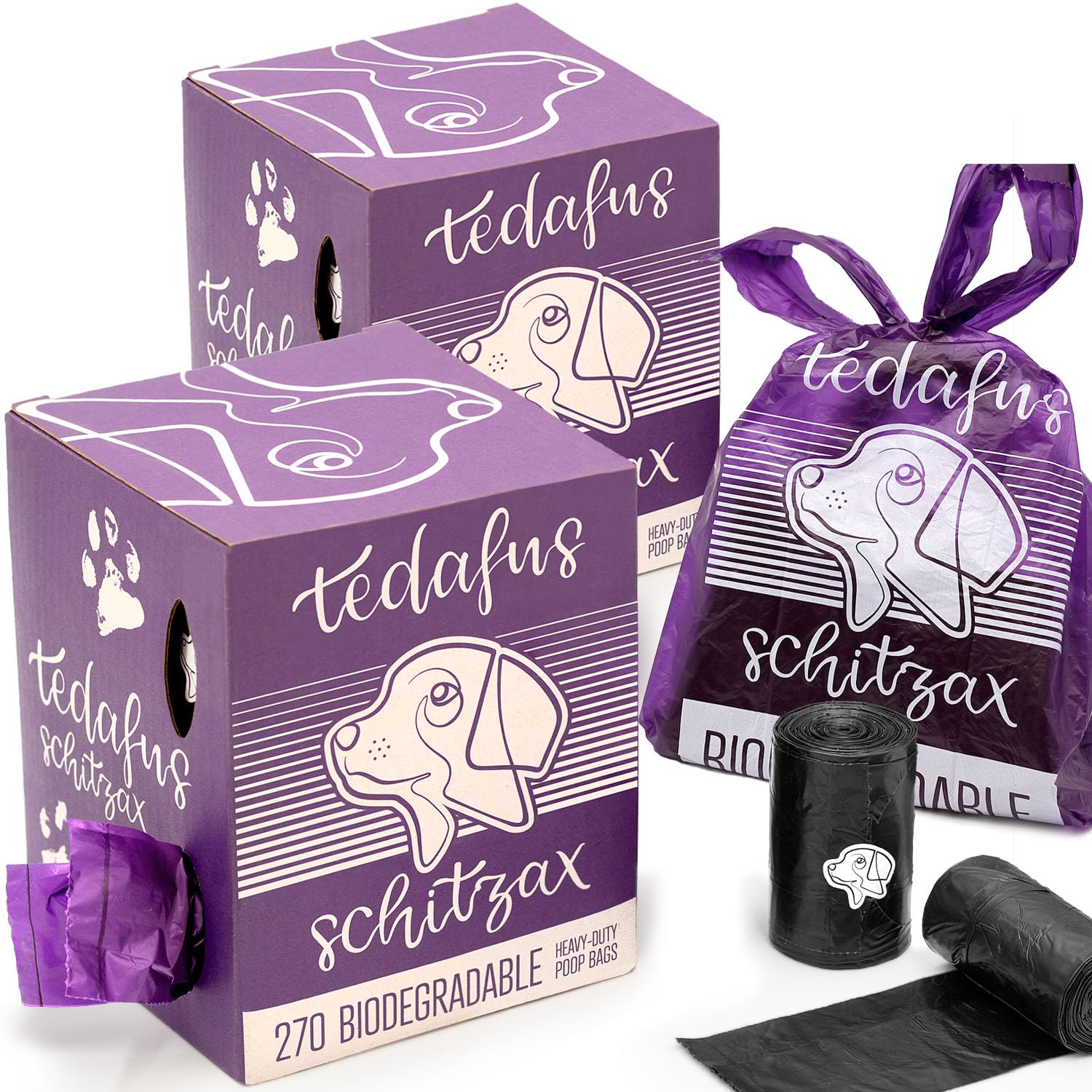 TEDAFUS Dog Poo Bags | Eco Biodegradable Poop Bags | Thick Dispenser Refill Rolls with Tie Handles | Strong Bags | 100% Leak-Proof Unscented Sacks (Black and Purple, 2 Boxes - 540)