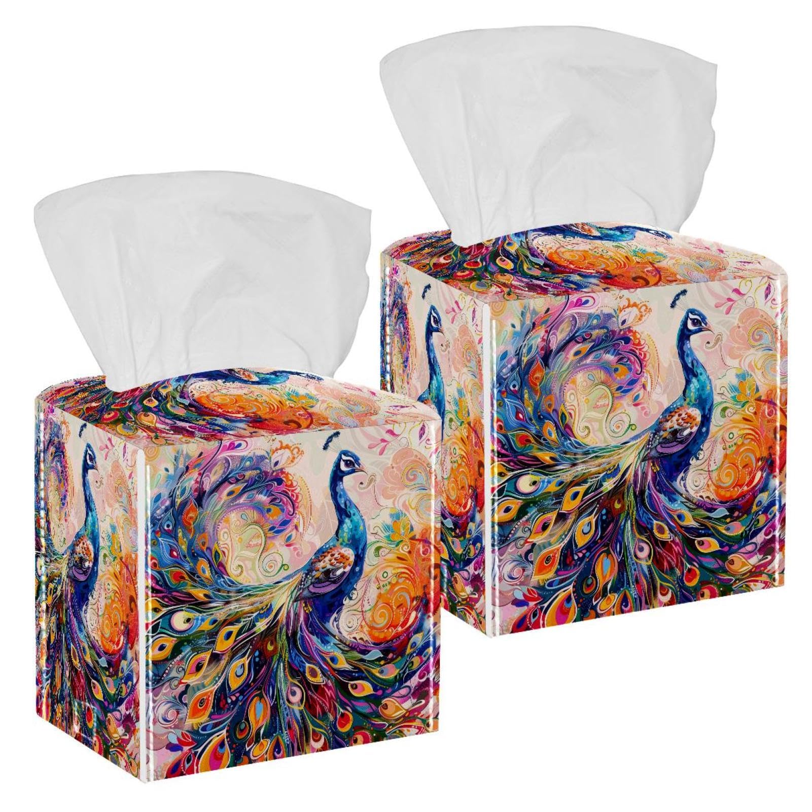 Dancing Peacock Tissue Box Cover, 2 Pack PU Leather Square Facial Tissue Dispenser Box holder for Home Office Car