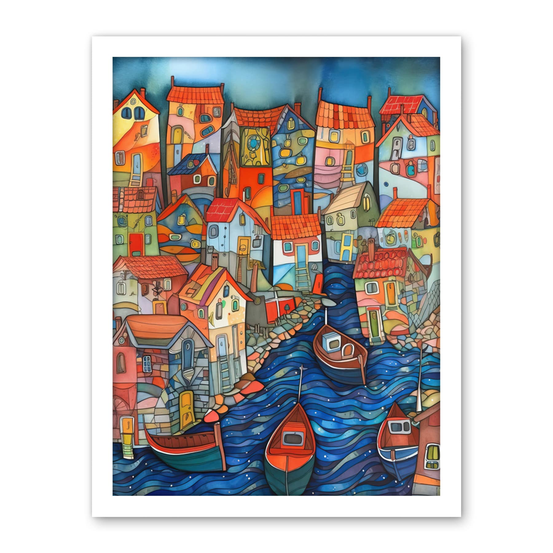 Artery8 Fishing Village Canal Folk Art Watercolour Painting Artwork Framed Wall Art Print 18X24 Inch