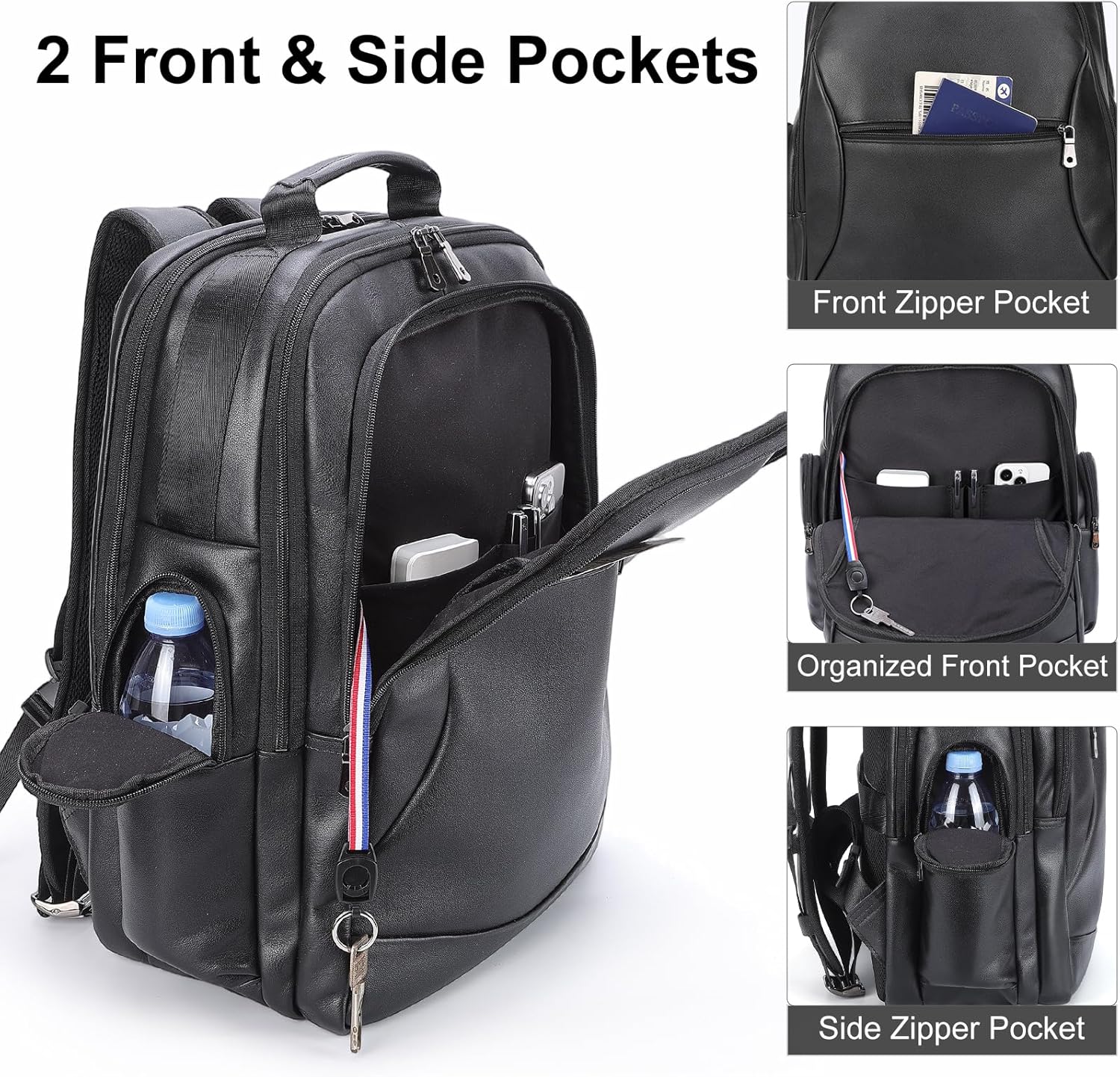 TIDING 17.3 Inch Leather Travel Laptop Backpack for Men, Large Business Casual Daypack Black Camping Weekender Bag - Image 3