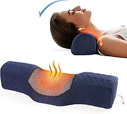 Travesseiros de pescoço para alívio da dor para dormir, almofada cervical de espuma viscoelástica aquecida para cama com aquecimento de grafeno USB para alívio da dor no pescoço (azul escuro)