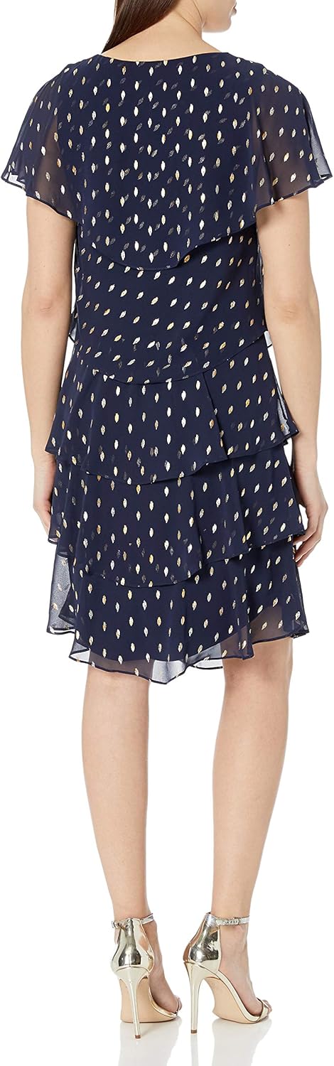 S.L. Fashions Women's Short Sleeve Metallic Print Pebble Tier Dress