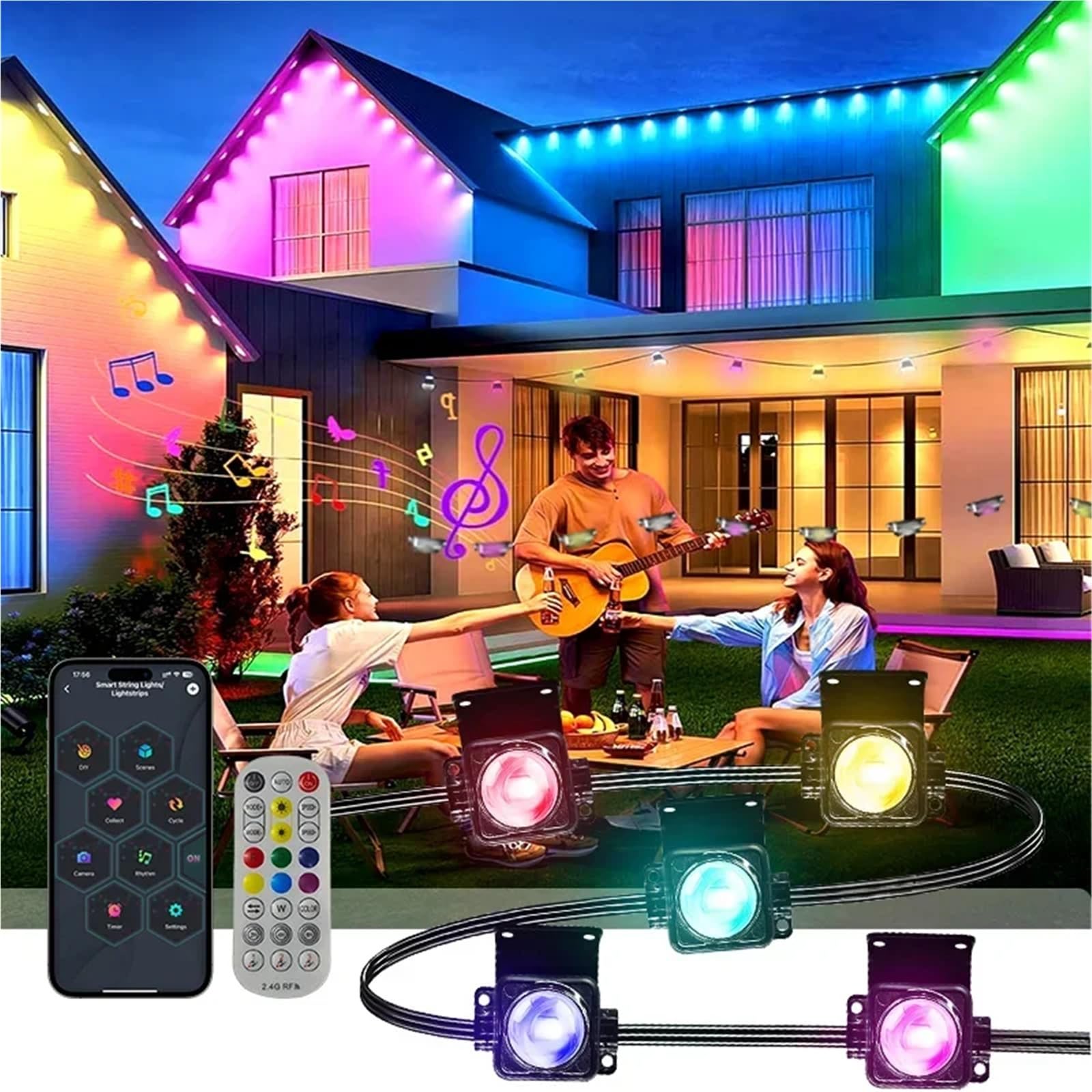 300FT Permanent Outdoor RGB Lights IP67 Waterproof Smart Eave Light DIY Scenes for House Roof Decor Christmas Holiday Daily(15M)