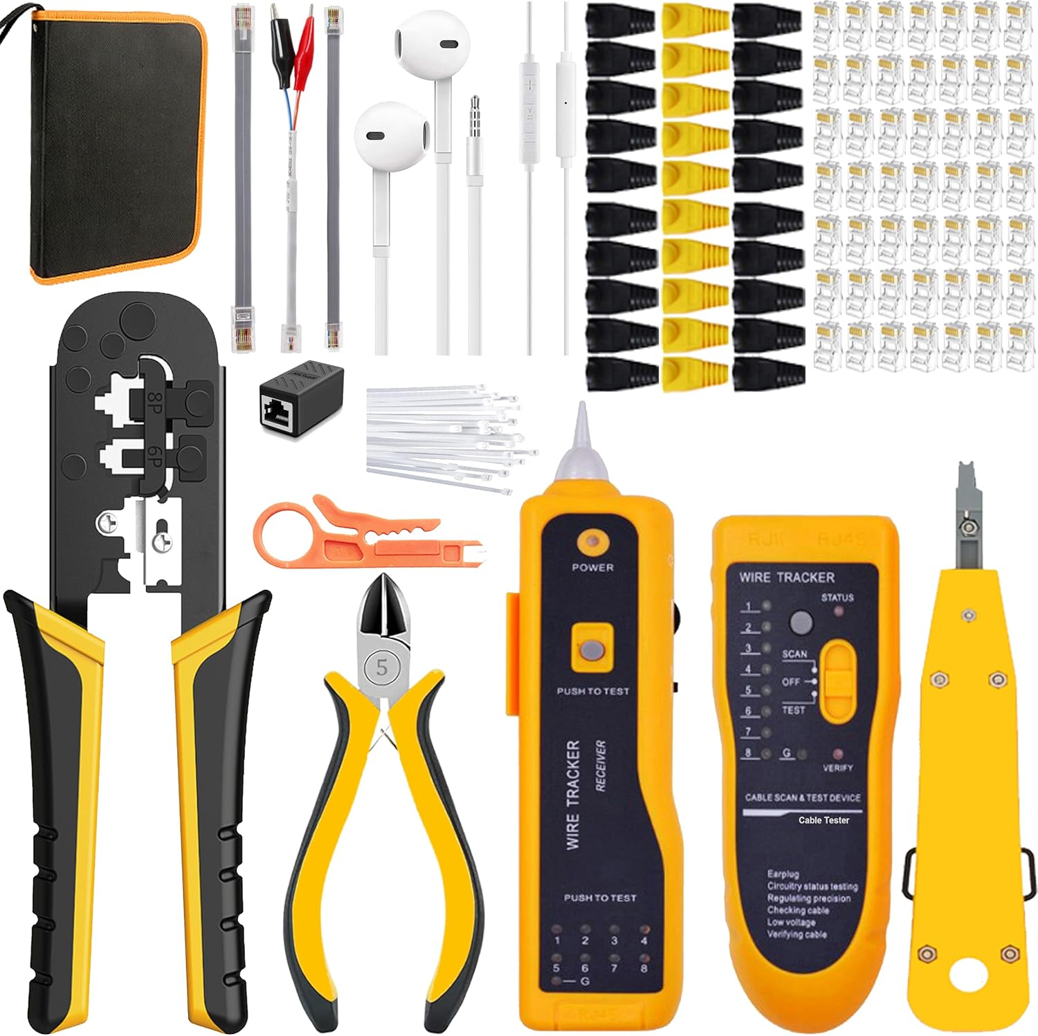 TAIWAIN CAT6 Network Crimp Tool Repair Set CAT5 Crimper with RJ45 Connectors for RJ11/RJ12, Network Crimping Wire Stripper Kit with 50PCS Covers, Professional Punch down Cutter(Azure)