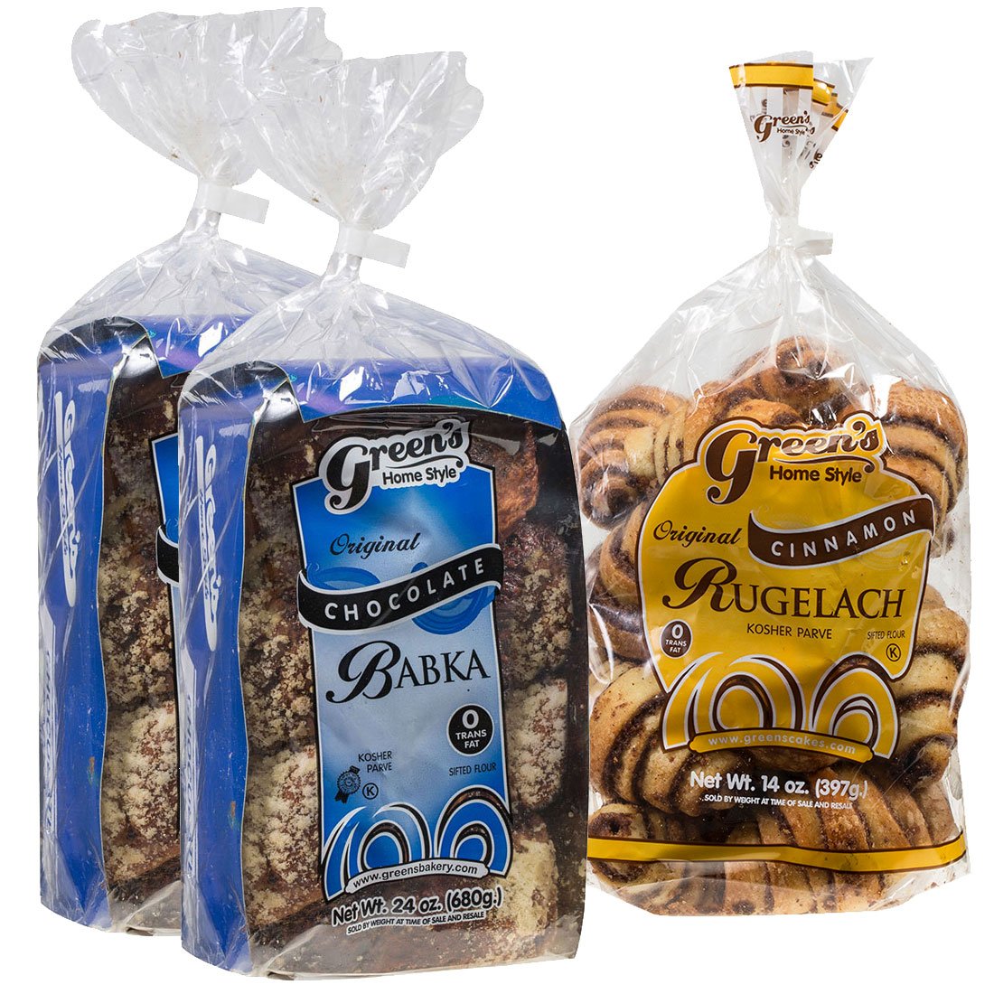 Green's Bakery Babka & Rugelach Value Pack, (2) 24oz Chocolate Babka, (1) 14oz Cinnamon Rugelach, 3 Pack, Fresh and Delicious, OK Certified Kosher and Pareve, Dairy Free and Nut Free