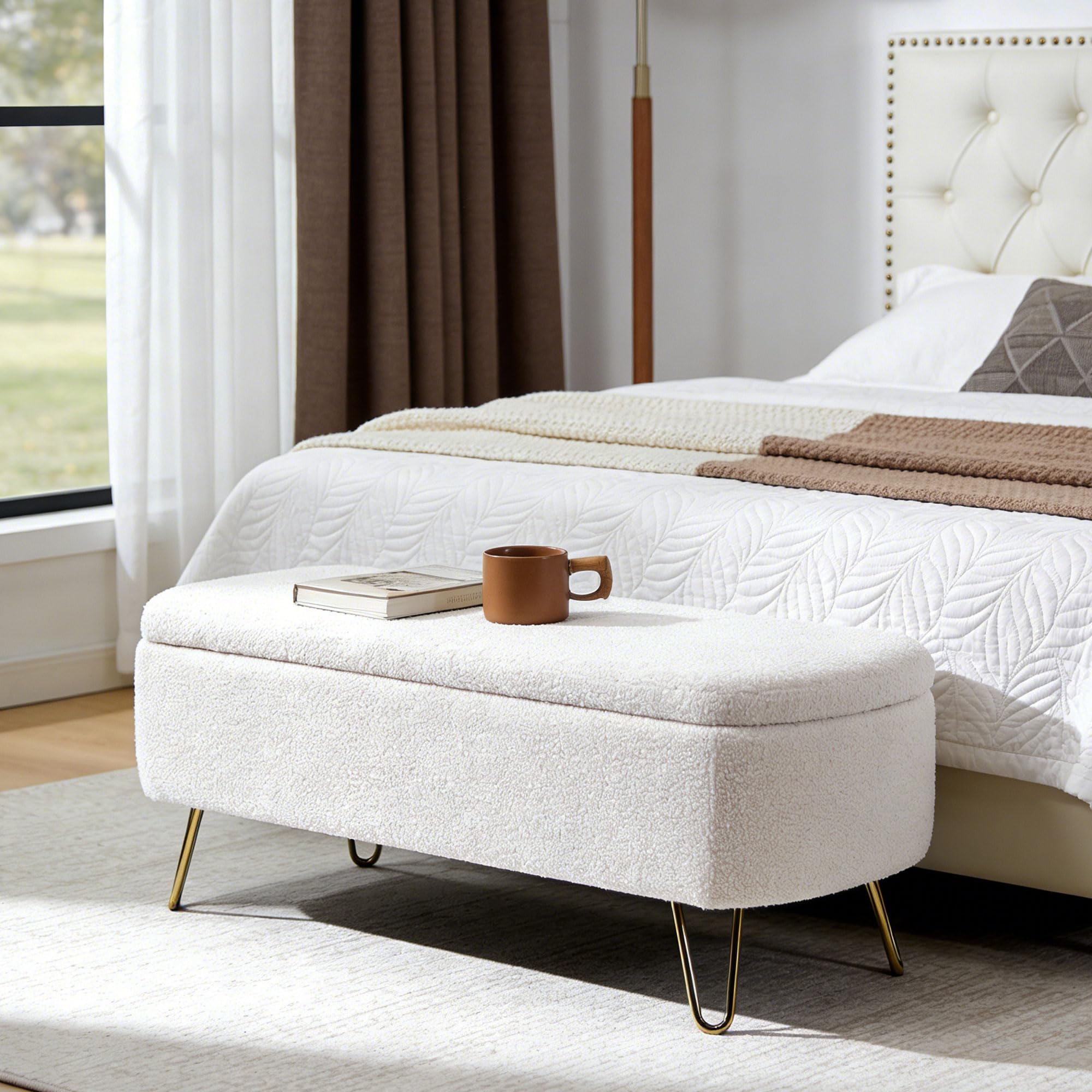 LEHZROAJ Boucle Storage Bench, End of Bed Bench for Bedroom, Entryway Bench with Storage, Sherpa Upholstered Ottoman Foot Rest for Living Room, Gold