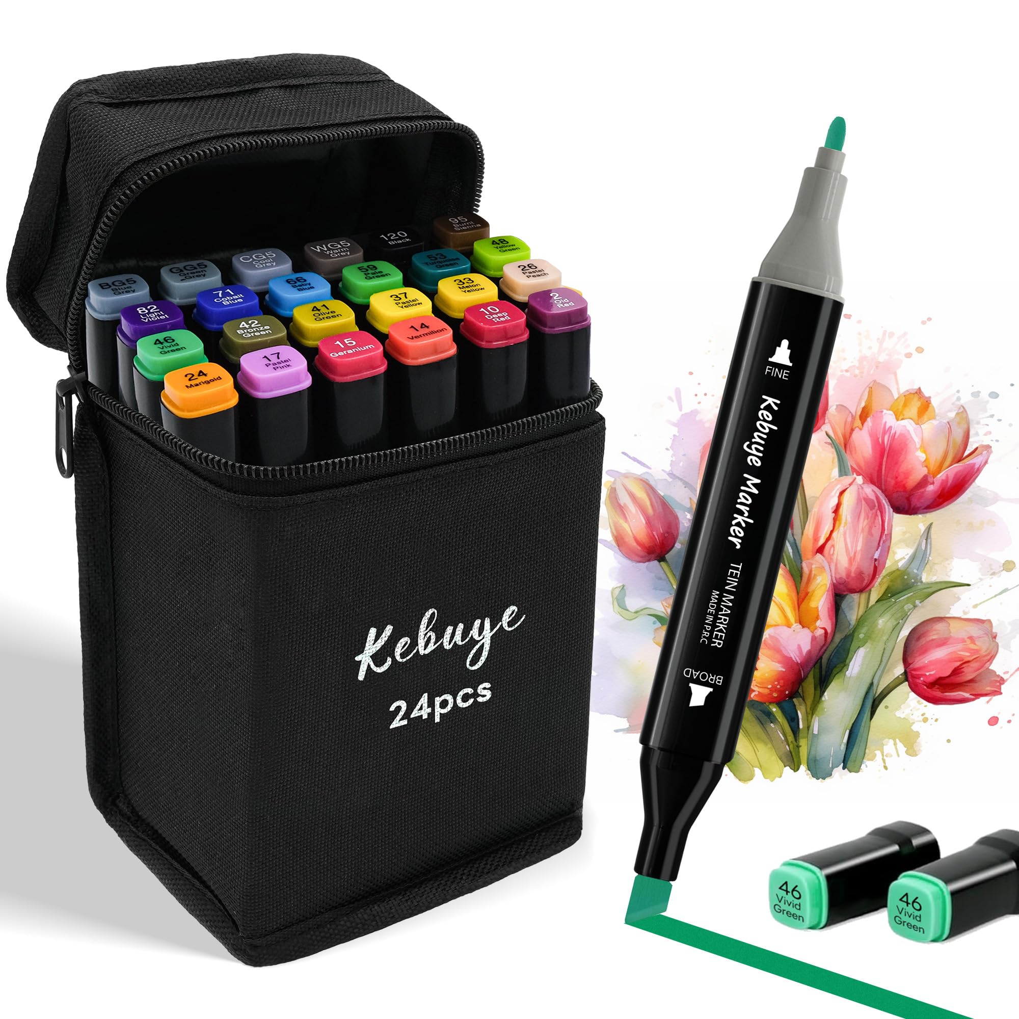 Kebuye Alcohol Markers 24 Colors - Drawing Marker for Adult Coloring Books No Bleeding Dual Tip Art Marker - Art Market Set for School Sketching