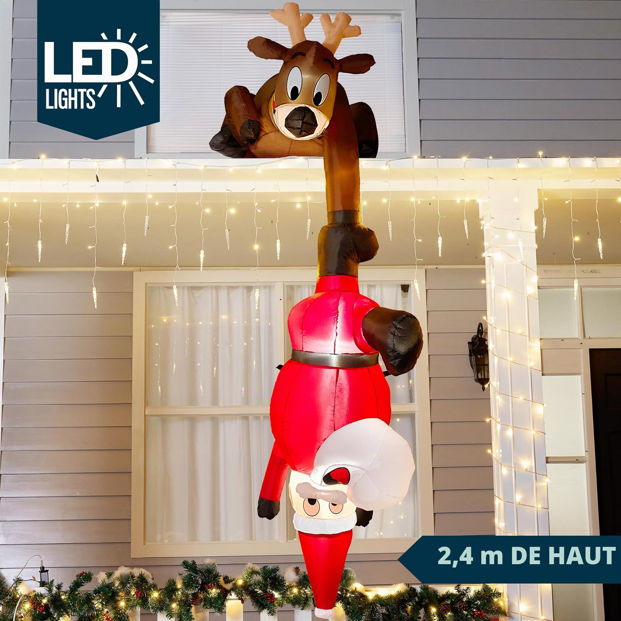 Joiedomi Décoration Gonflable de Noël 2,4 m - Renne et Père Noël Grimpant - LED Intégrée pour Intérieur, Extérieur, Cour, Jardin, Pelouse