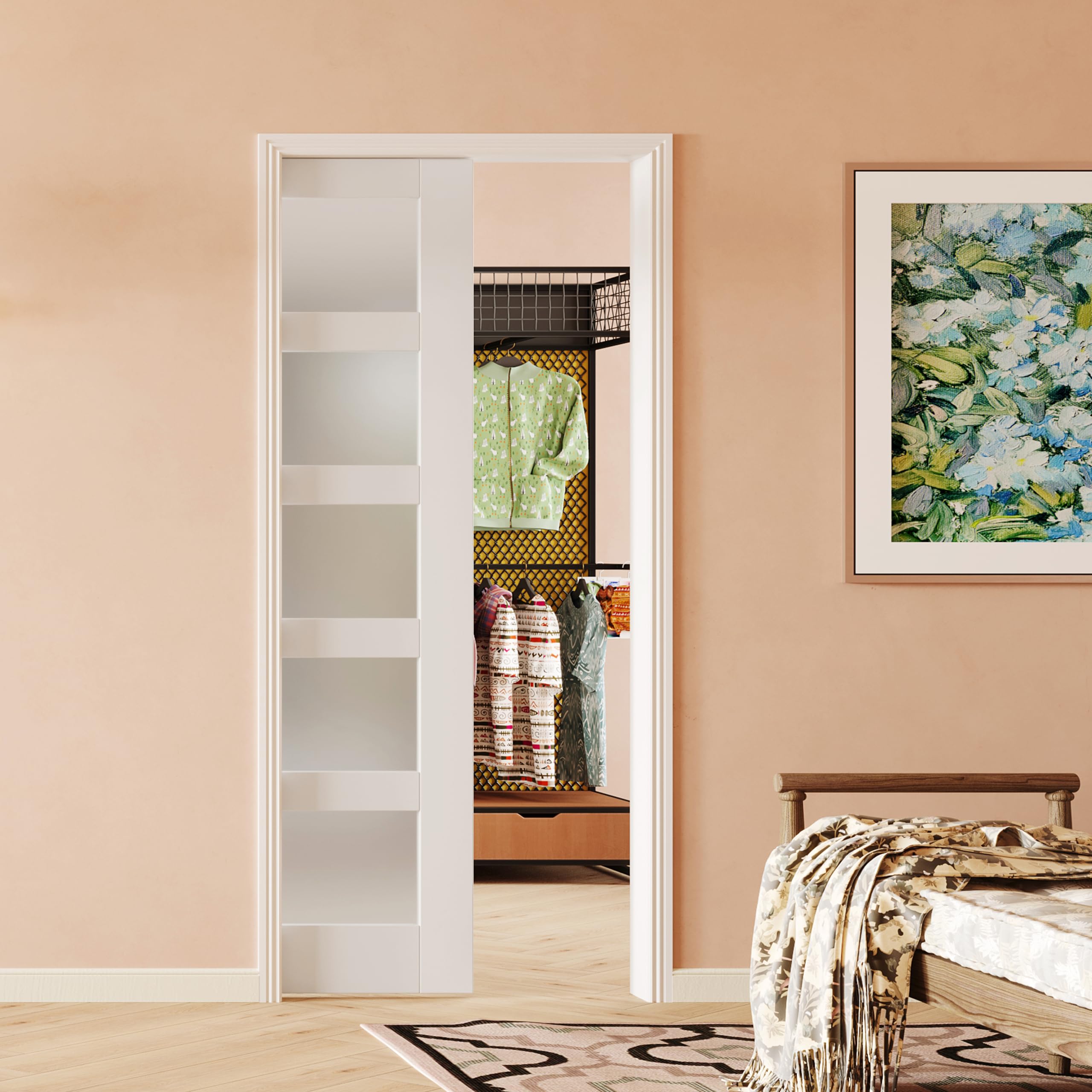 Sliding Pocket Door 30" x 80", 5 Lites Tempered Frosted Glass Panel with Frame and Hardware Kit Set, Interior & Closet Single Door Slab, White Primed - Panel Assembly Needed