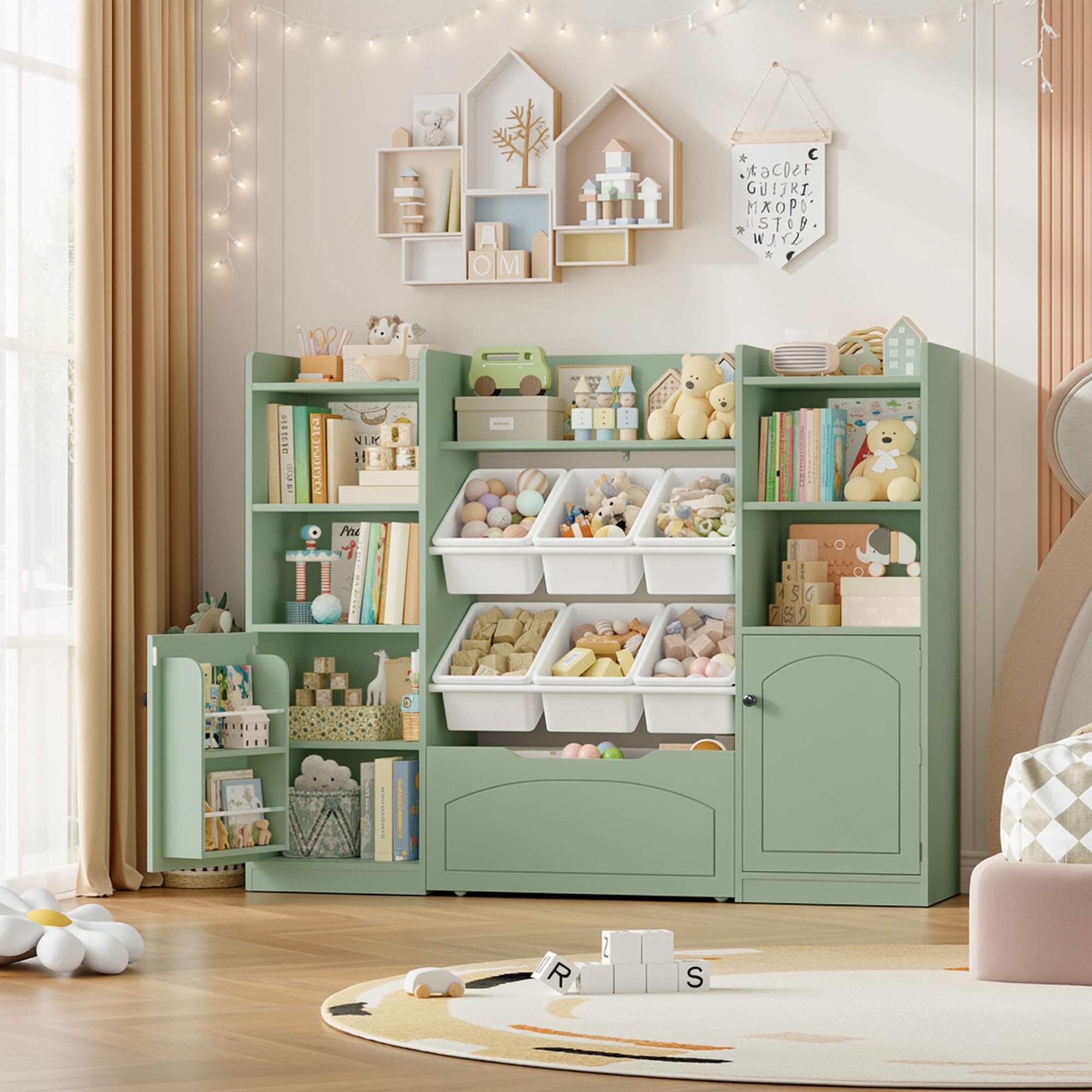 FOREHILL Kinderregal mit 6 Boxen Kinderzimmer Möbel mit Kinderbücherregal Spielzeugregal aus Holz Spielzeug Organizer mit Aufbewahrungsbox Regal für Kinderzimmer 140,5x33x108,2 cm