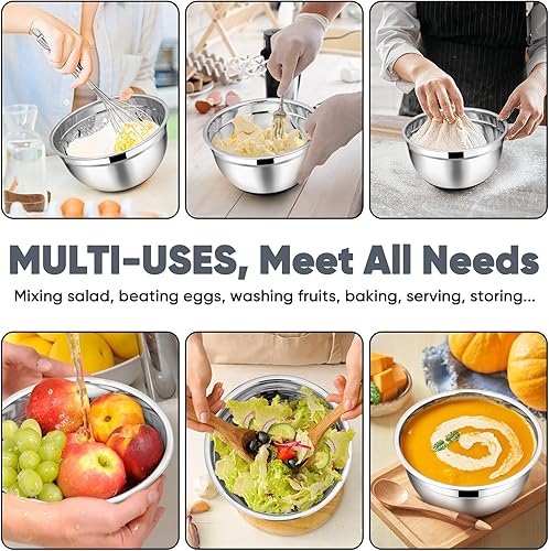 Miniatura 6 de TeamFar Tazones para mezclar con juego de tapas, 73.52.51.51 cuartos de galón, tazón grande de acero inoxidable para ensalada anidable, parte