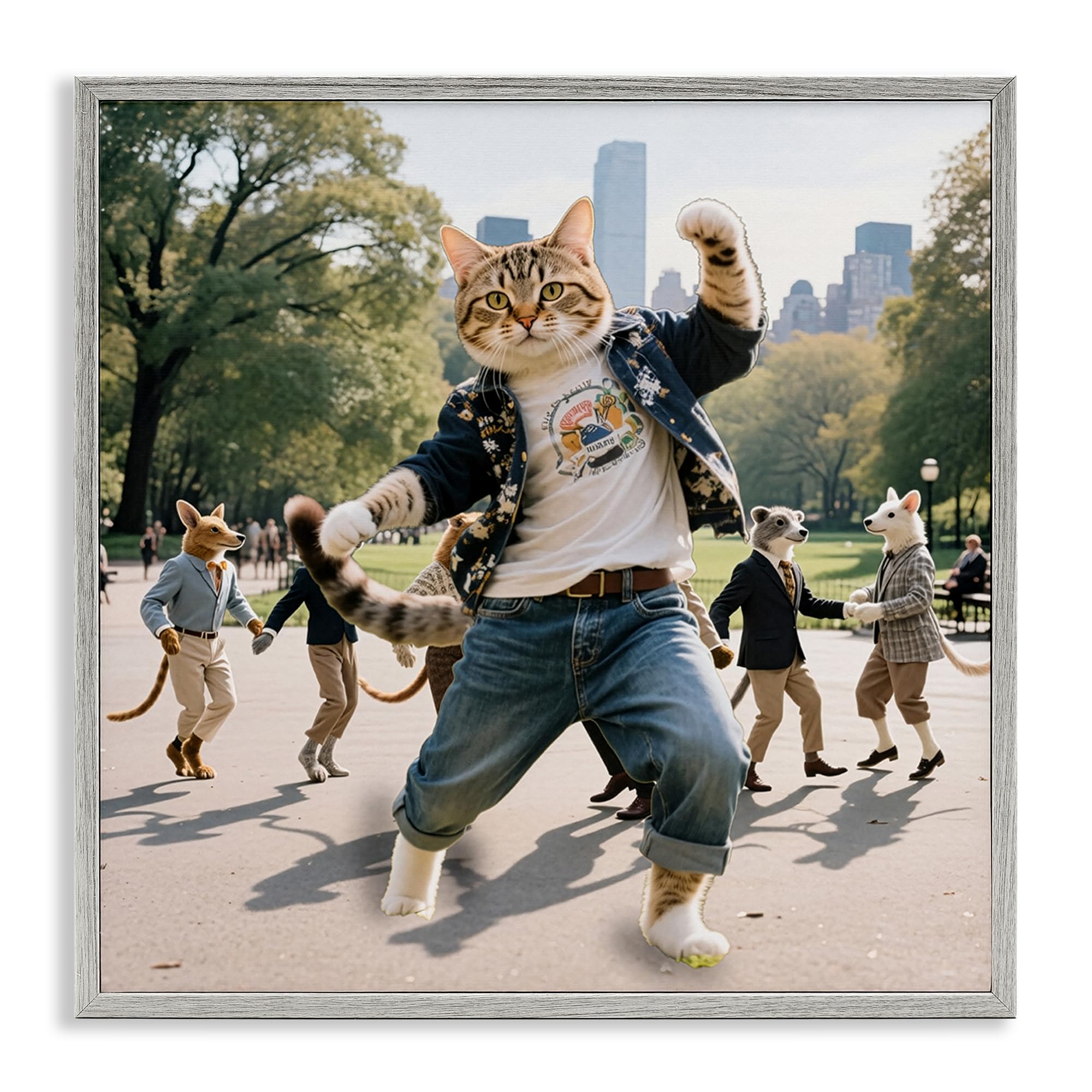 Stupell Industries 'Stylish Cat Dancing in Park', Framed Giclee Art, Gray, 17 x 17 Inches, Easy to Hang and Sturdy, Made in USA, by CAD Designs