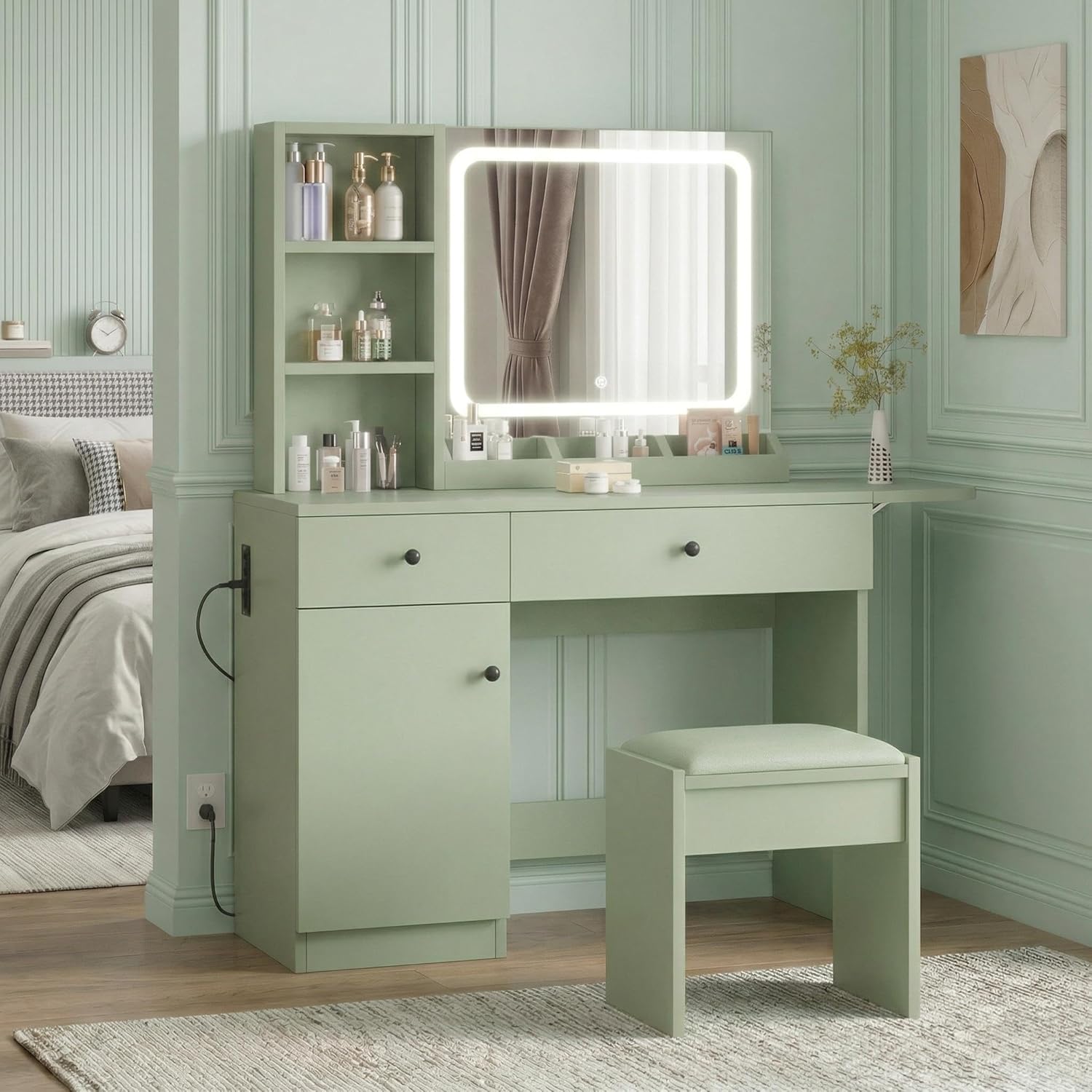 IDEALHOUSE Makeup Vanity Desk with Mirror, Vanity Table with Power Outlet and Storage Chair, Modern Dressing Table with Drawers and Shelves for Bedroom, Green