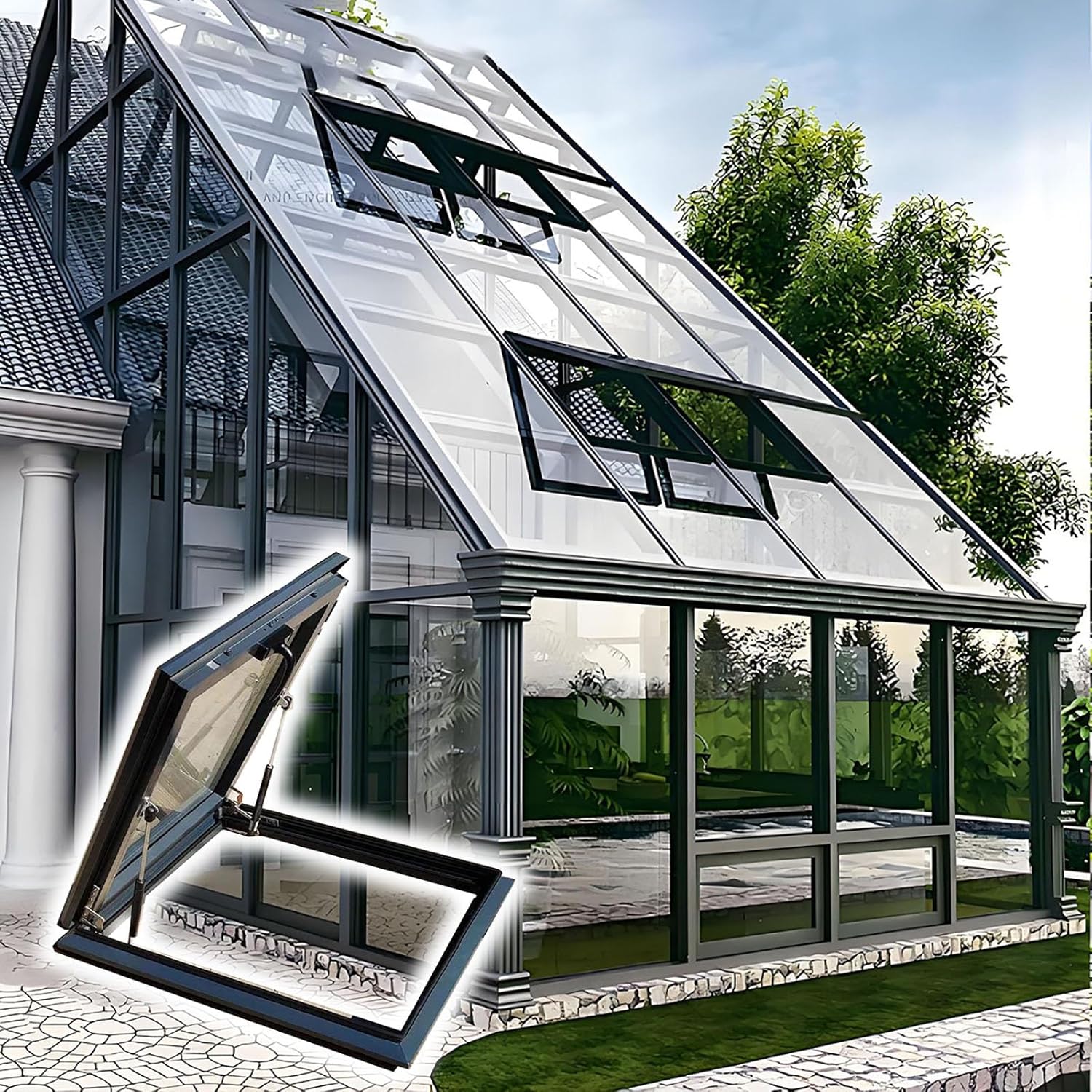 Sun Room Roof Skylights, Roof Skylight for Home, Multi-angle Roof Viewing Aluminium Window, Double-layer Insulating Glass and Lifting gas rod for Attic/Sun Room/Basement/Attic(LxW 65x95cm/25.6x37.4in)