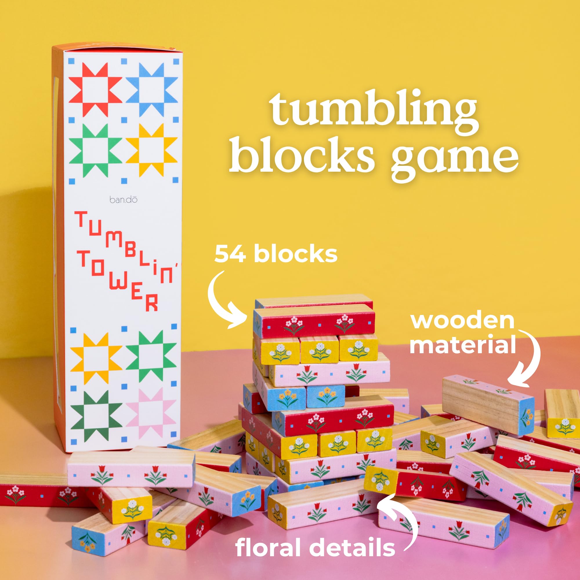 ban.do Tumbling Blocks Game, Quilt Design | Gioco colorato della pila delle mattonelle del blocco di legno 54 per adulti e scatola di immagazzinaggio
