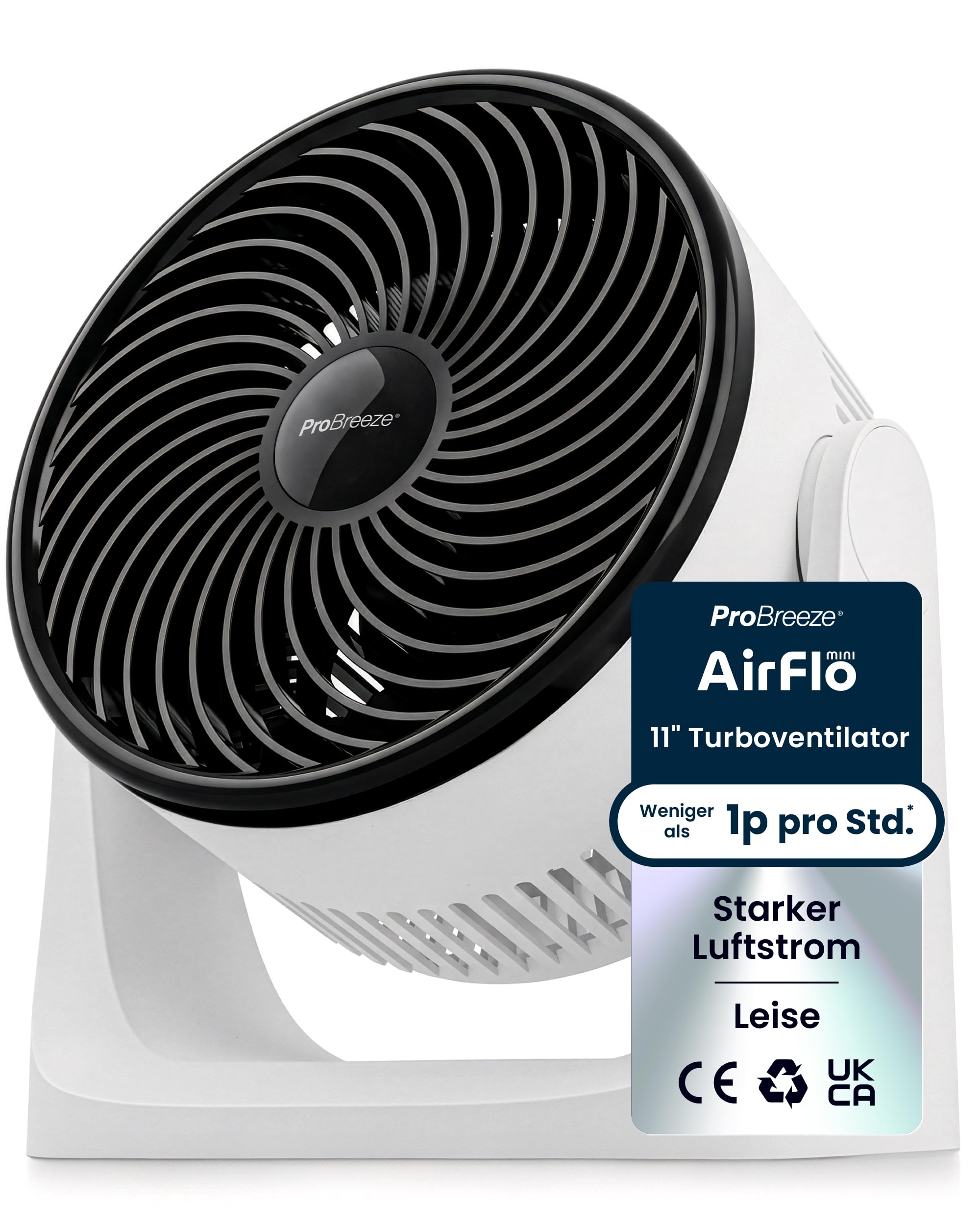 Pro Breeze AirFlo Mini Tischventilator – Leiser Turbo Ventilator 3 Stufen 90° Neigung 4,2 m/s kompakt