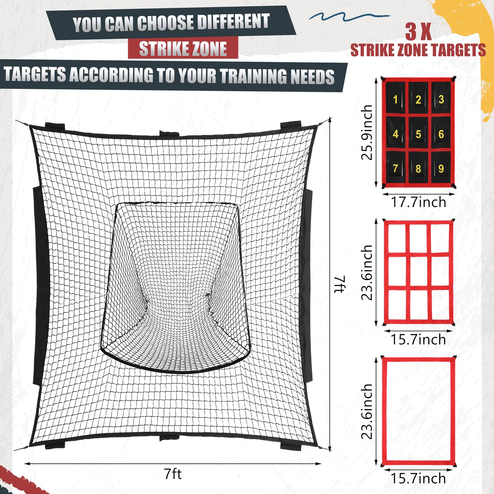 Seenelling 7x7ft Baseball Softball Replacement Net (Only Nets, Not Frame) Portable Baseball Practice Net with 3 Adjustable Strike Zone Target for Pitching Hitting and Throwing Practice