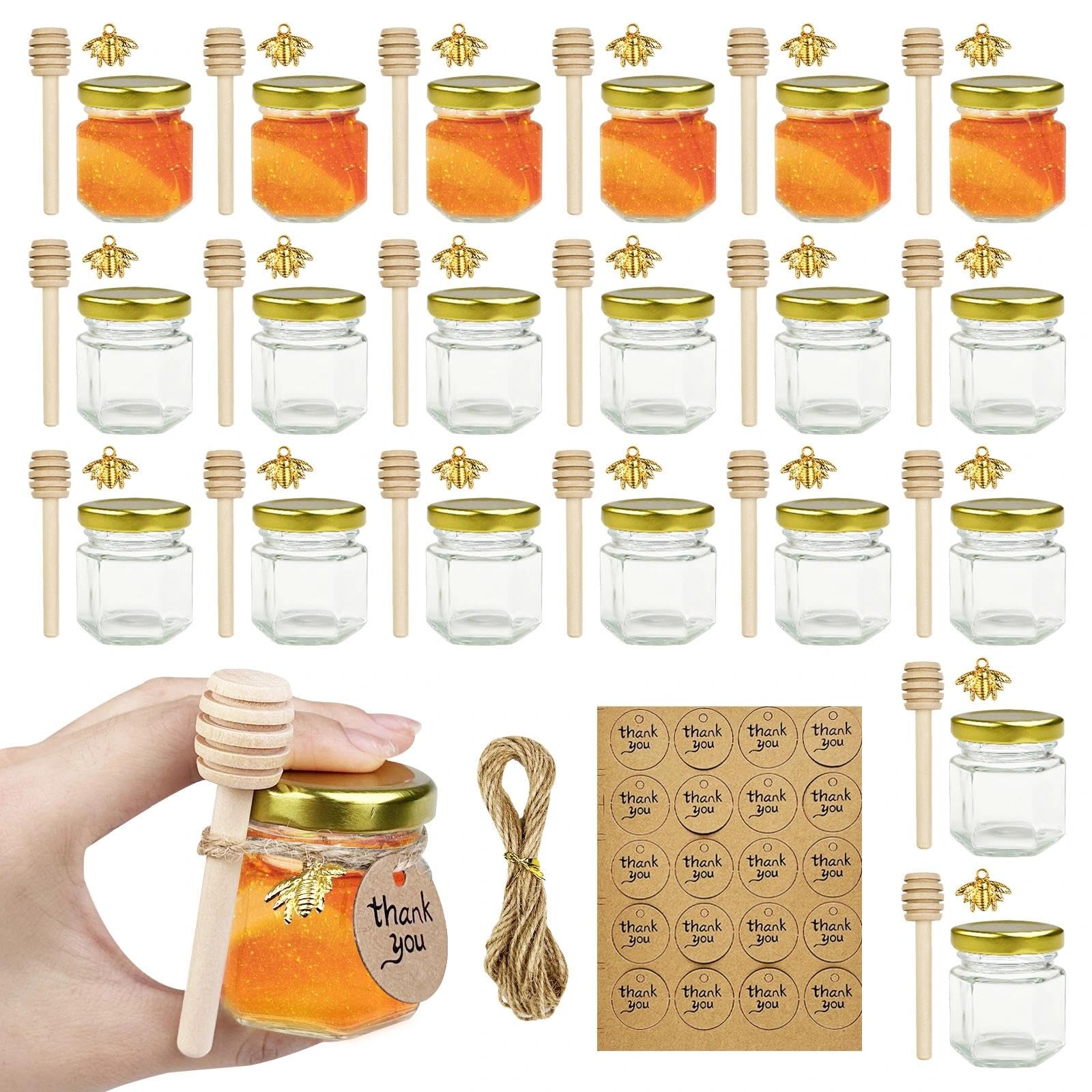 20 PCS Vasetti per Marmellata, Vasetti Vetro Piccoli per Miele 45ml, Contenitore Miele, Bottigliette di Vetro Piccole, Piccoli Barattoli, per Bomboniere Battesimo, Matrimoni e Feste