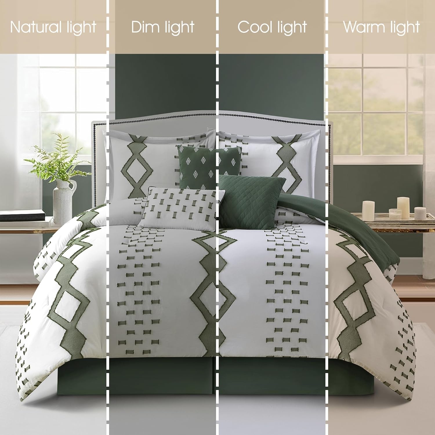 Grand Avenue 7 Piece White Green Comforter Set, Queen Size Clipped Bedding Set, All Season Geometric Bedding, Matching Pillows, Shams, Bed Skirt