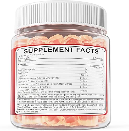 Vista 9 de Gomitas de urolitina A para longevidad y energía muscular, suplemento liposomal de urolitina A+ de 1000 mg con NAD+, CoQ10, resveratrol
