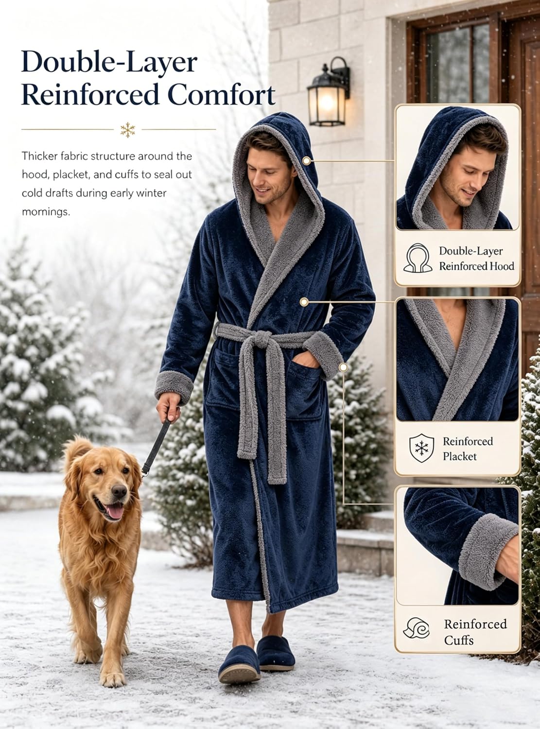 Mens Robe with Hood, Plush Fleece Bathrobe, Long Housecoat with Big Pockets, Inner Tie and Fixed Belt