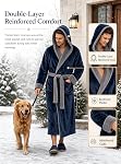 Mens Robe with Hood, Plush Fleece Bathrobe, Long Housecoat with Big Pockets, Inner Tie and Fixed Belt