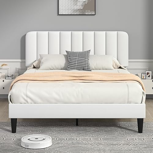 VECELO Base de cama tapizada tamaño Queen con cabecera ajustable, base de colchón con plataforma de terciopelo, soporte de listones de madera
