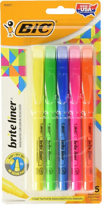 BIC Brite Liner Highlighters, Chisel Tip, Assorted Colors, 10-Count (2 Packs of 5)