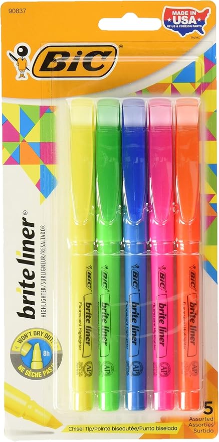 BIC Brite Liner Highlighters, Chisel Tip, Assorted Colors, 10-Count (2 Packs of 5)