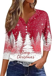 HSUAYEUD Christmas Jumpers for Women 3/4 Sleeve Ladies Xmas Top UK Fashion Novelty Print T Shirt Loose Fit Casual Holiday Party Tee Henley Tunic Blouse